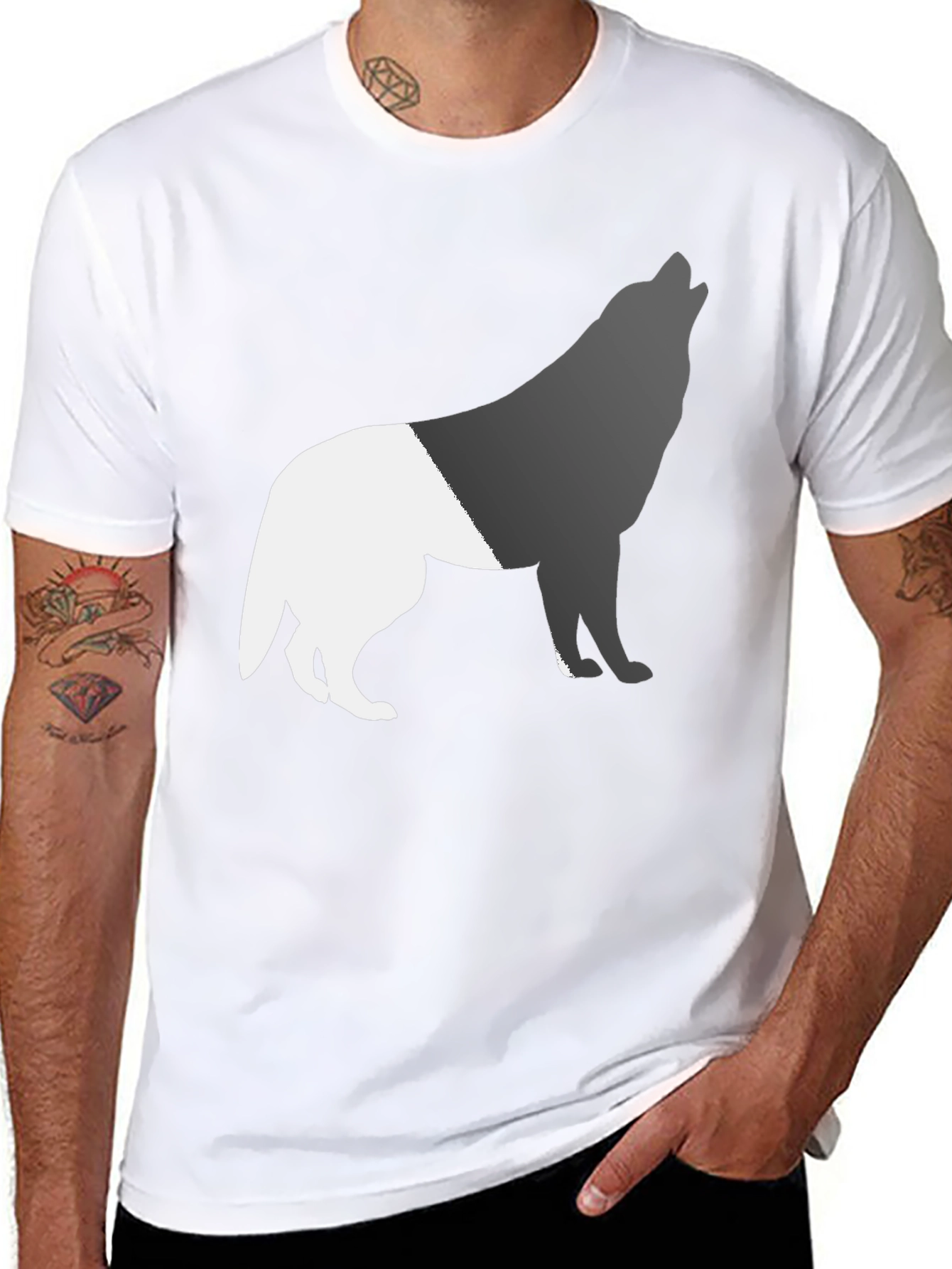 Two-Tone Wolf Graphic Tee - Black Cotton Blend
