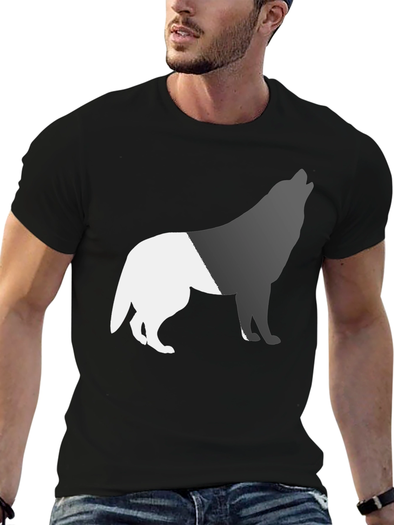 Two-Tone Wolf Graphic Tee - Black Cotton Blend