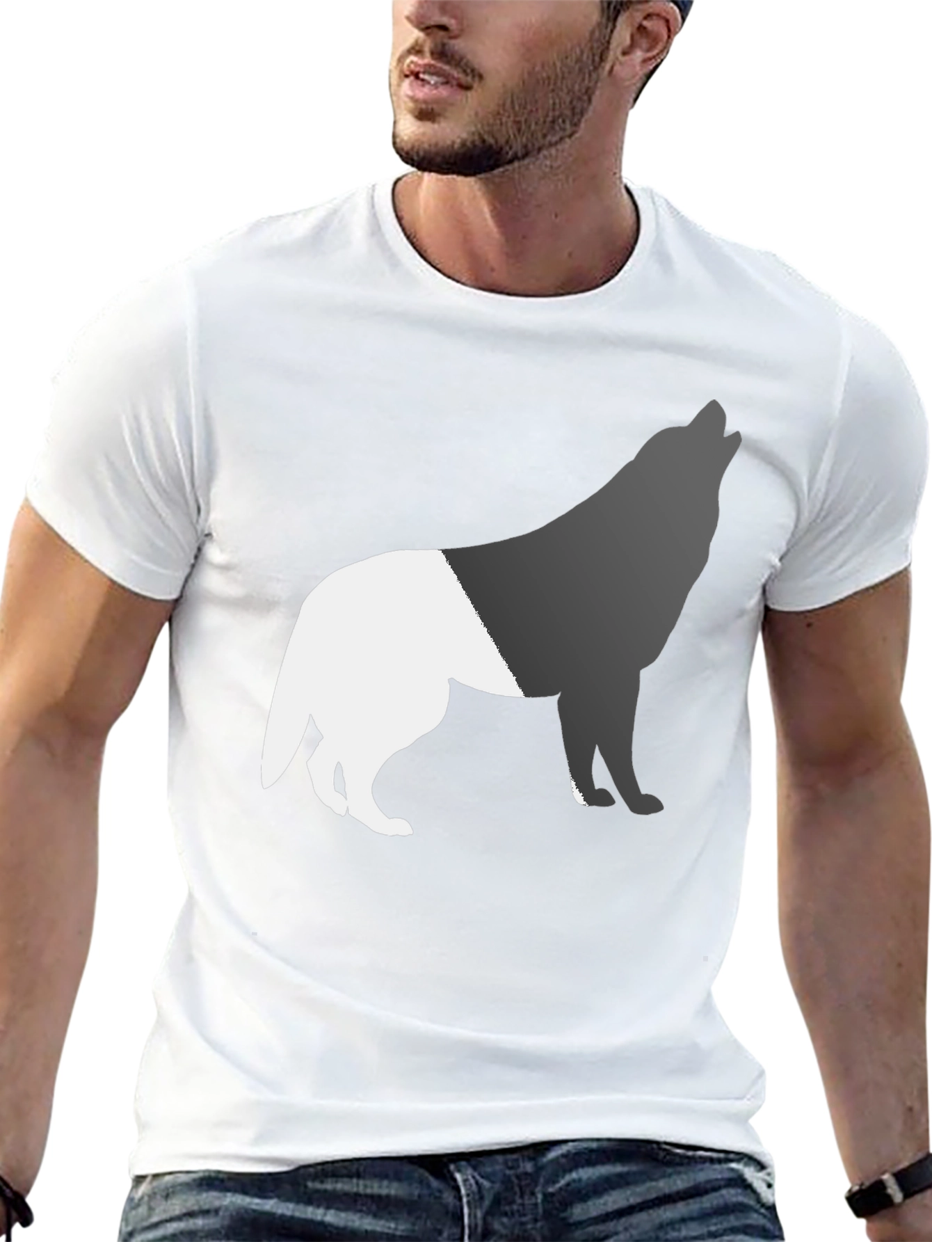 Two-Tone Wolf Graphic Tee - Black Cotton Blend