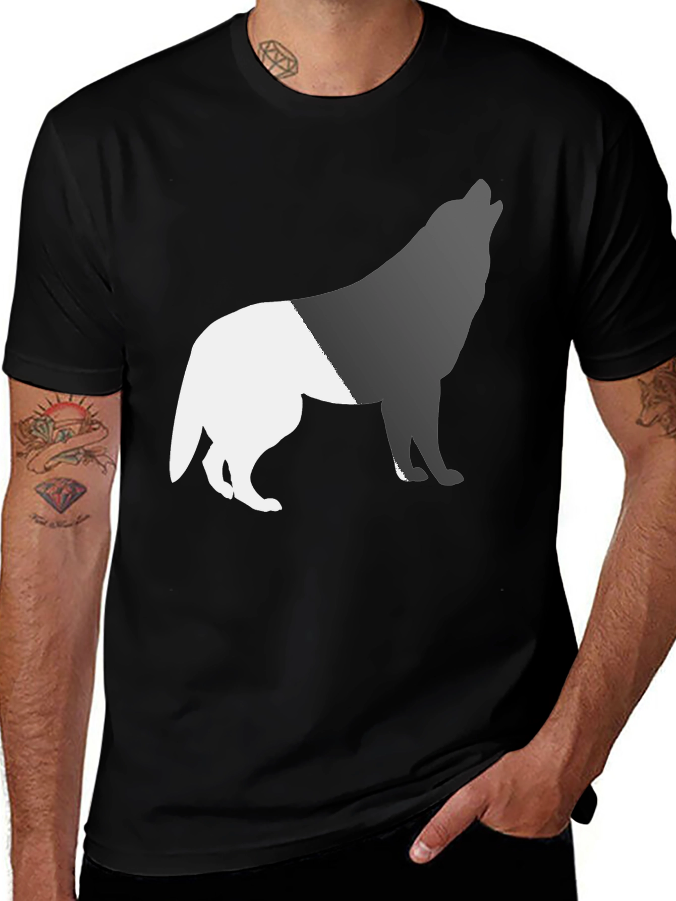 Two-Tone Wolf Graphic Tee - Black Cotton Blend