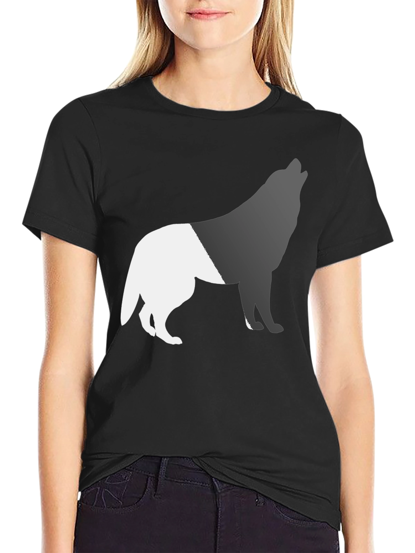 Two-Tone Wolf Graphic Tee - Black Cotton Blend