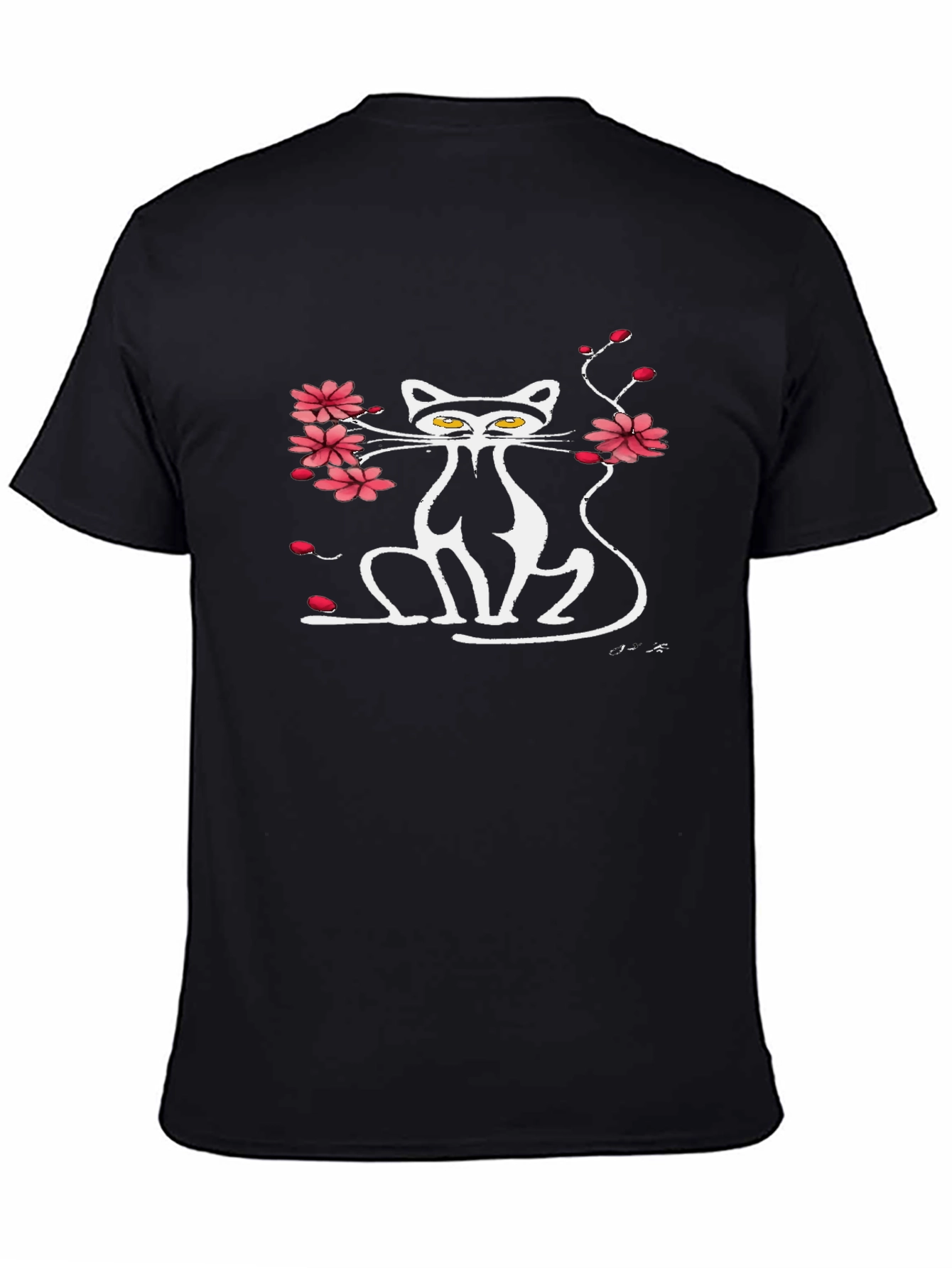 Cat & Cherry Blossom Graphic Black Tee