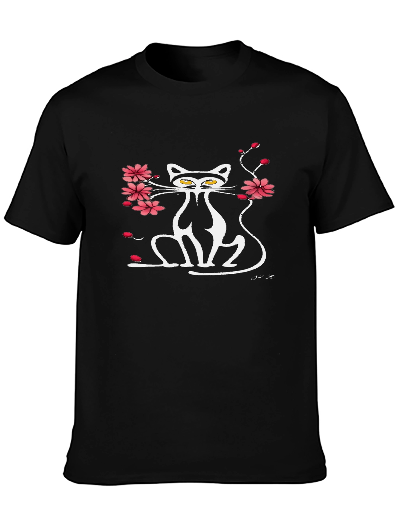 Cat & Cherry Blossom Graphic Black Tee