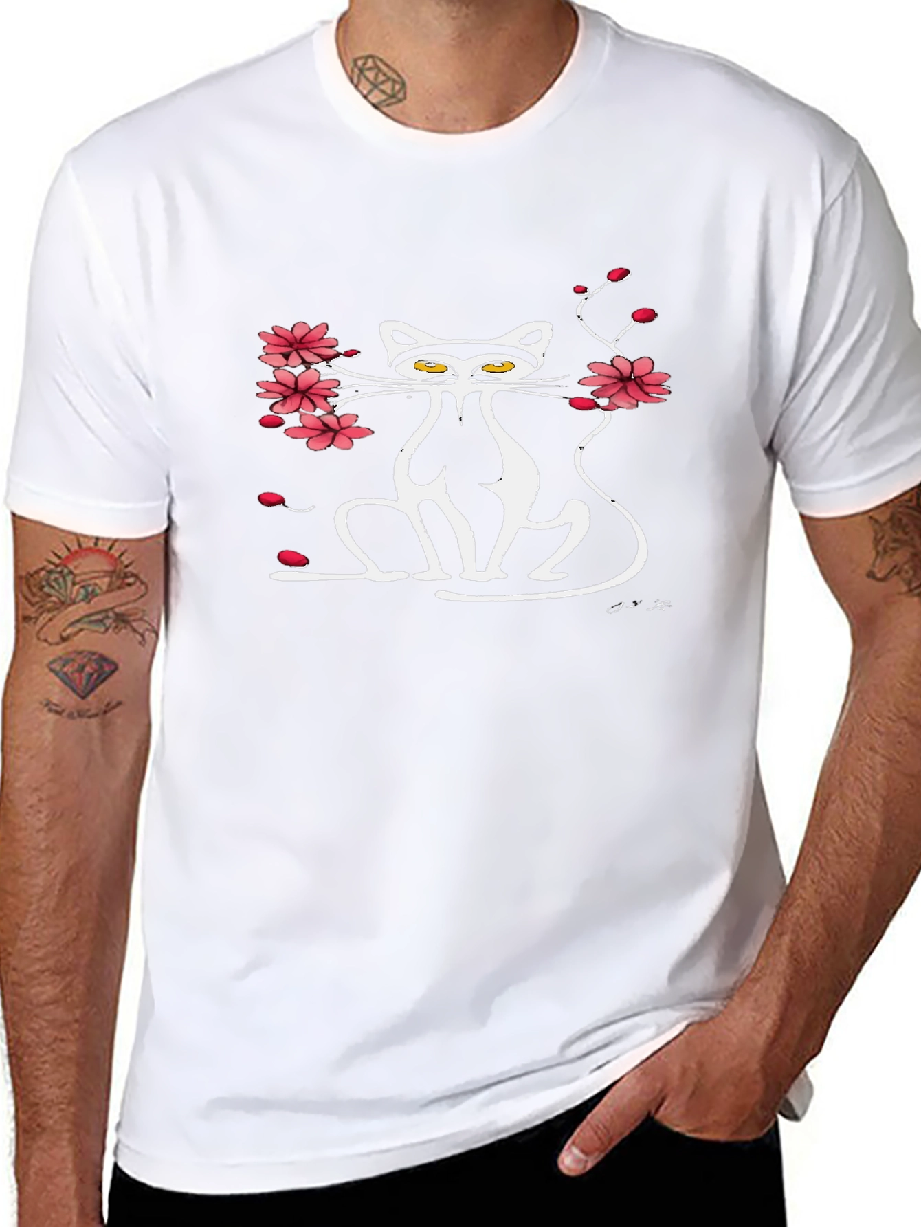 Cat & Cherry Blossom Graphic Black Tee