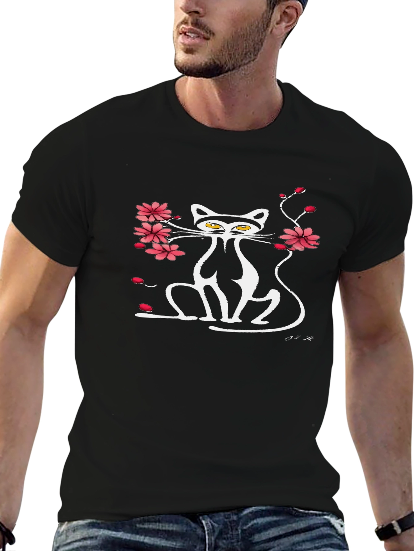 Cat & Cherry Blossom Graphic Black Tee