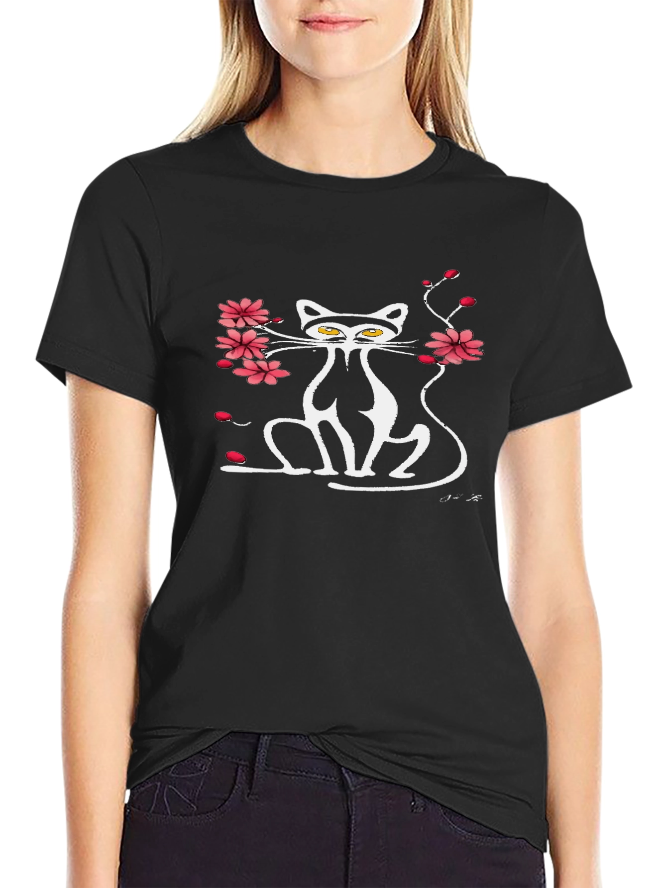 Cat & Cherry Blossom Graphic Black Tee