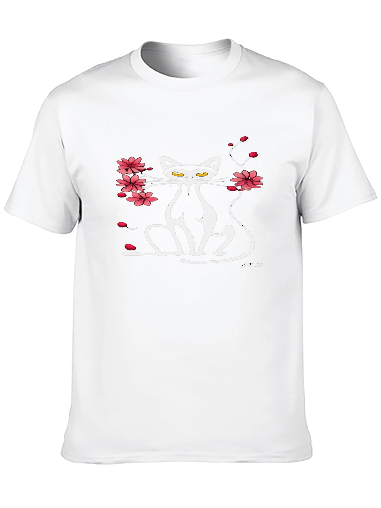 Cat & Cherry Blossom Graphic Black Tee
