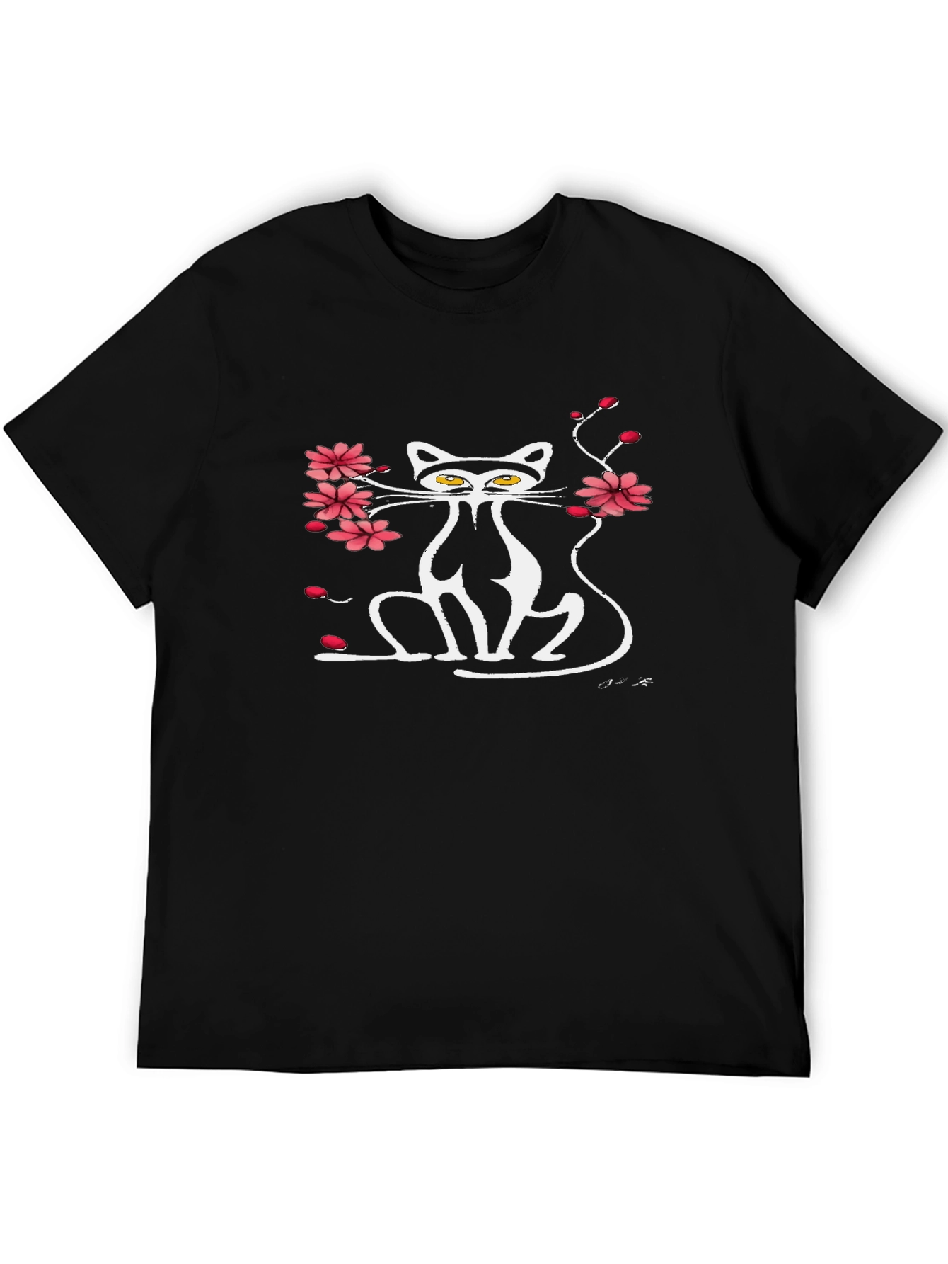 Cat & Cherry Blossom Graphic Black Tee