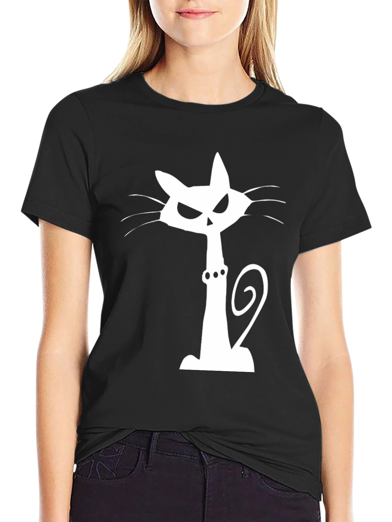 Spooky Cat Graphic Tee - Black Cotton T-Shirt