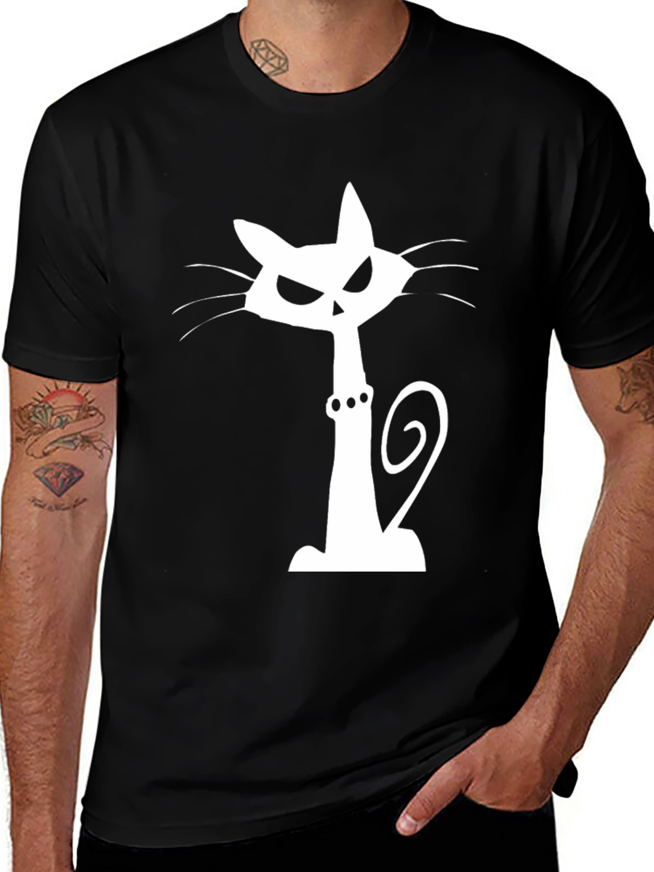 Spooky Cat Graphic Tee - Black Cotton T-Shirt