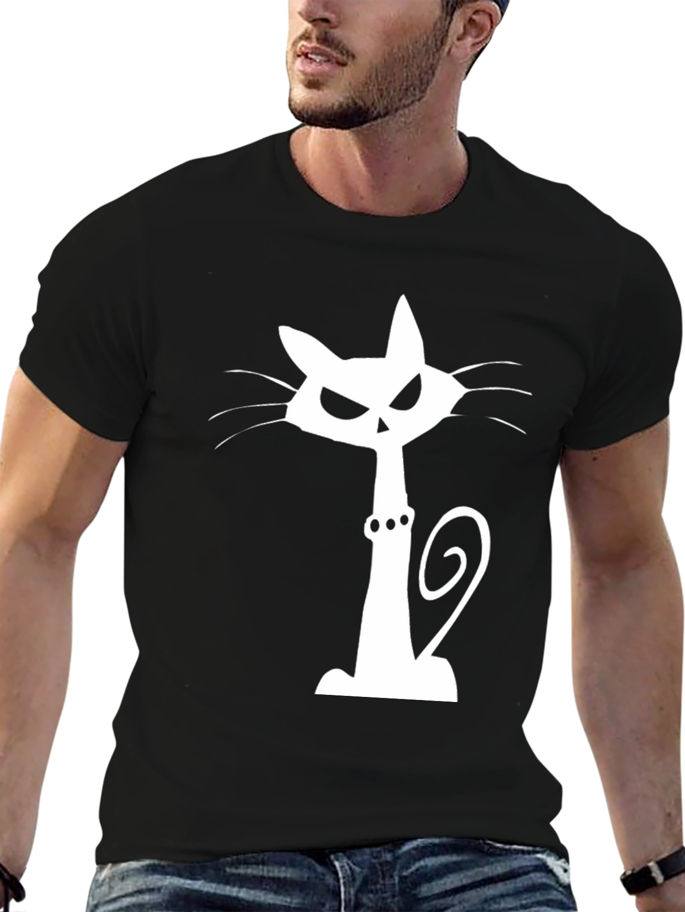 Spooky Cat Graphic Tee - Black Cotton T-Shirt