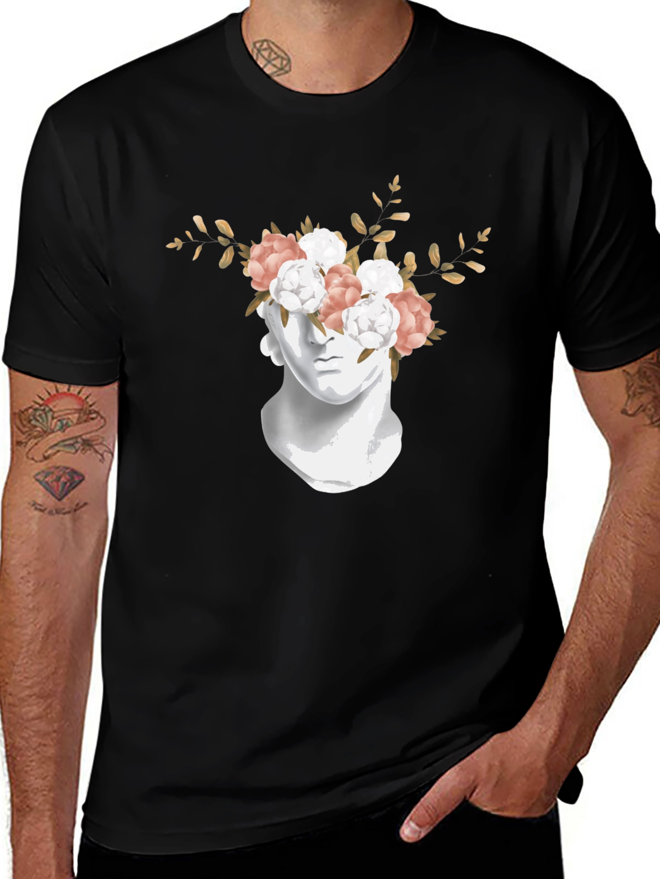 Floral Statue Graphic Tee - Stylish Black T-Shirt