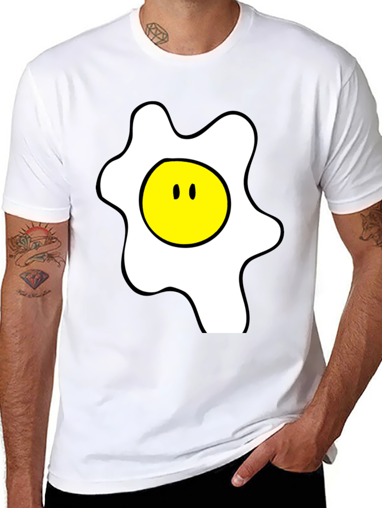 Funny Cartoon Fried Egg Graphic Black T-Shirt
