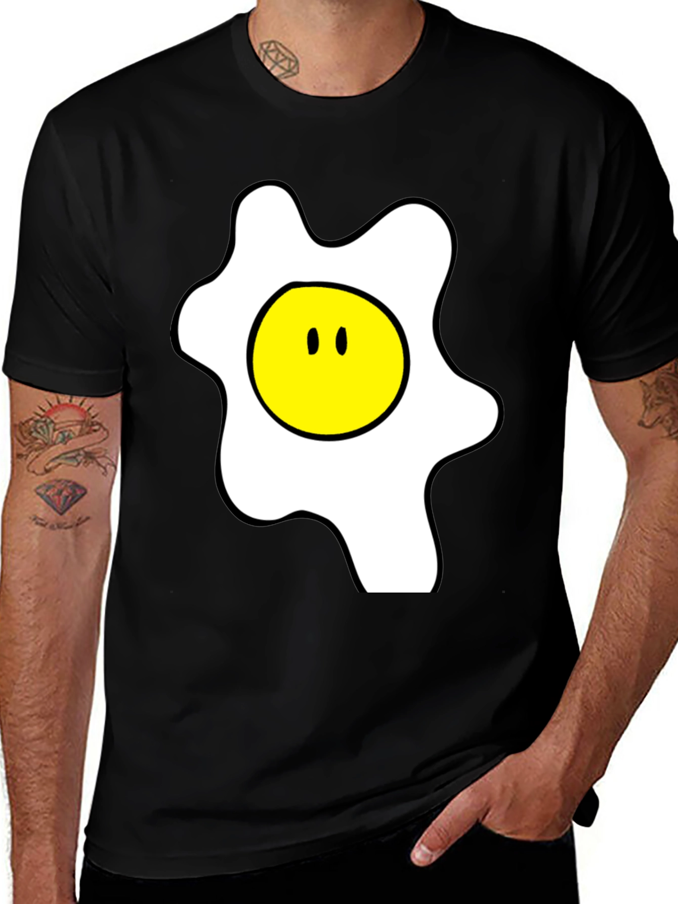 Funny Cartoon Fried Egg Graphic Black T-Shirt