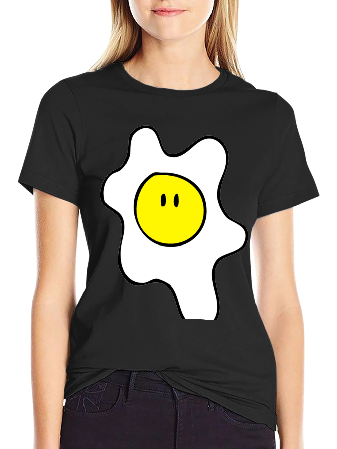 Funny Cartoon Fried Egg Graphic Black T-Shirt
