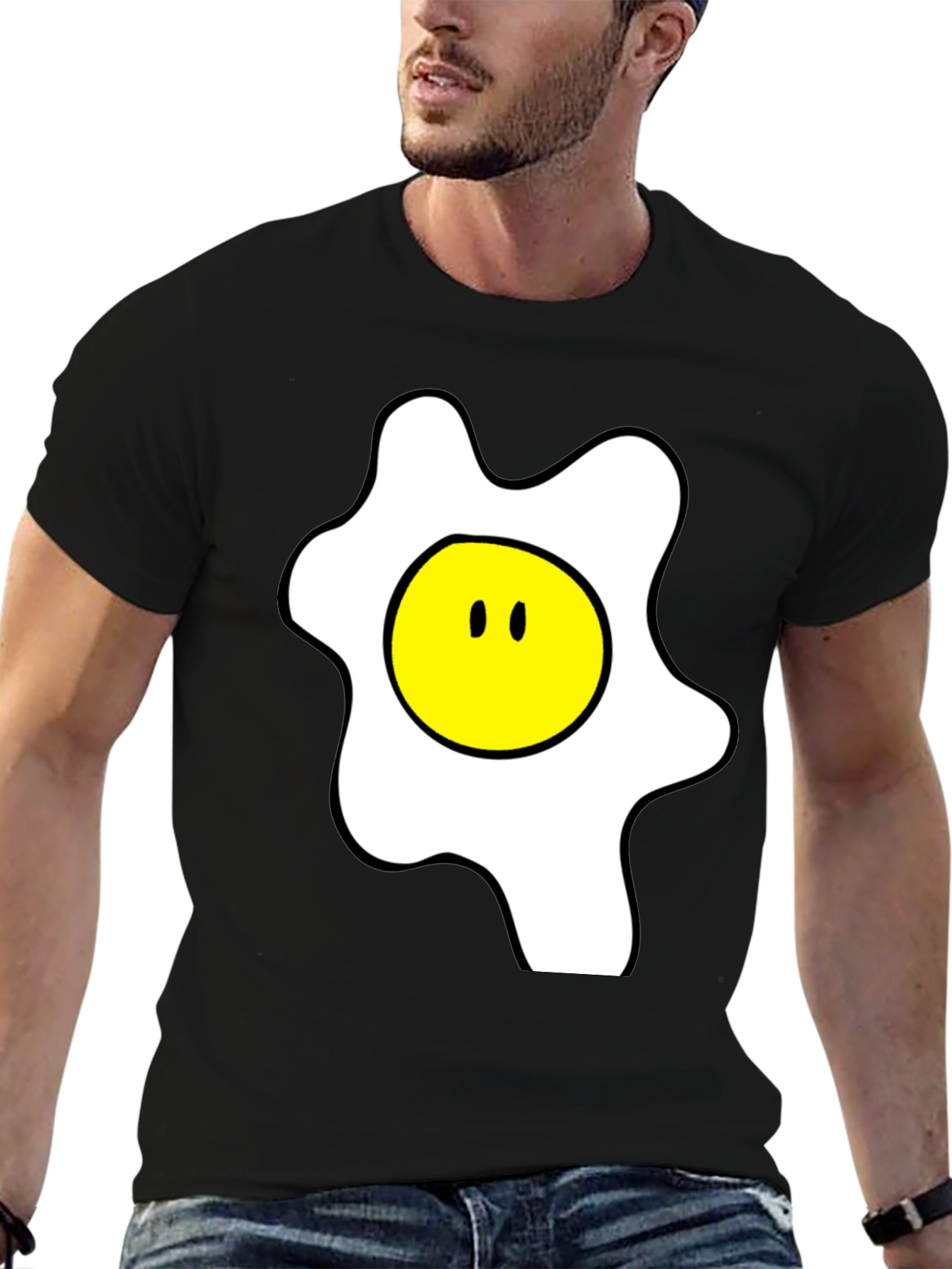Funny Cartoon Fried Egg Graphic Black T-Shirt