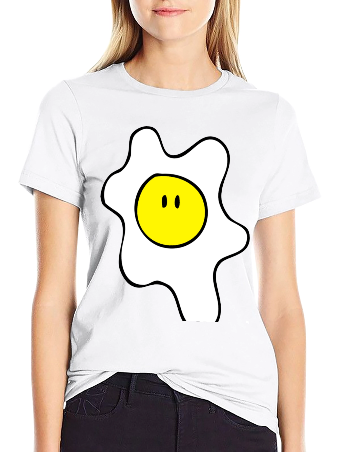 Funny Cartoon Fried Egg Graphic Black T-Shirt