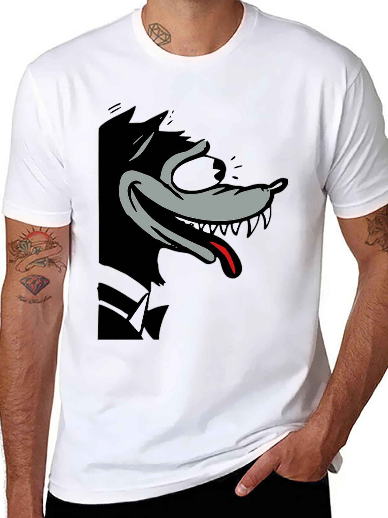 Cartoon Wolf Graphic Tee - Mens Black T-Shirt