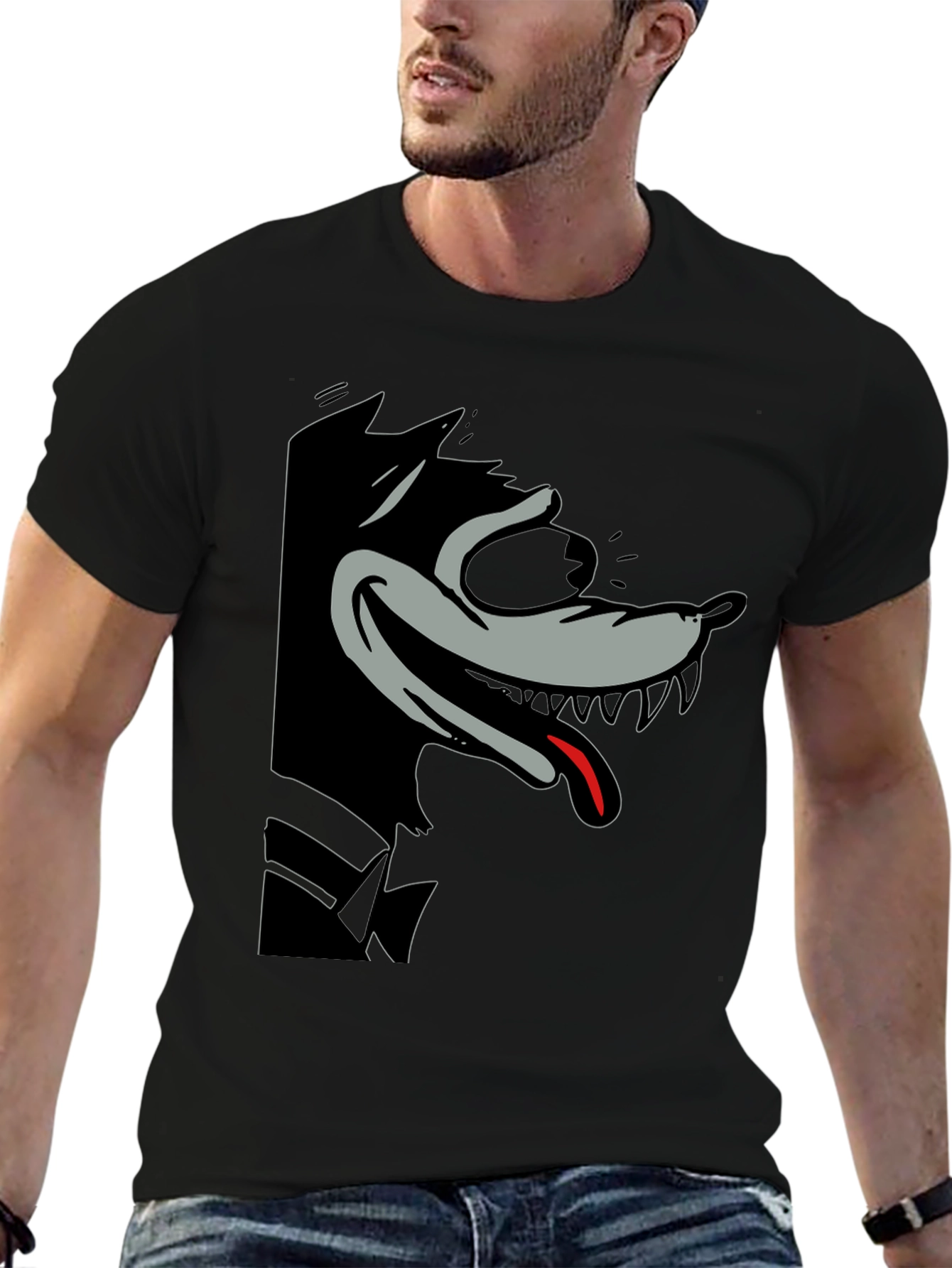 Cartoon Wolf Graphic Tee - Mens Black T-Shirt