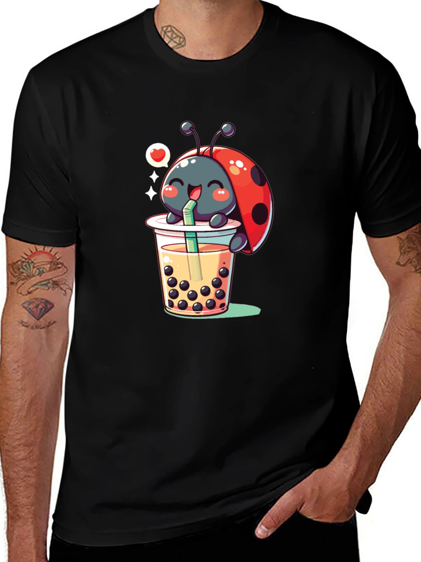Ladybug Boba Tea Graphic Tee - Black Cotton T-Shirt