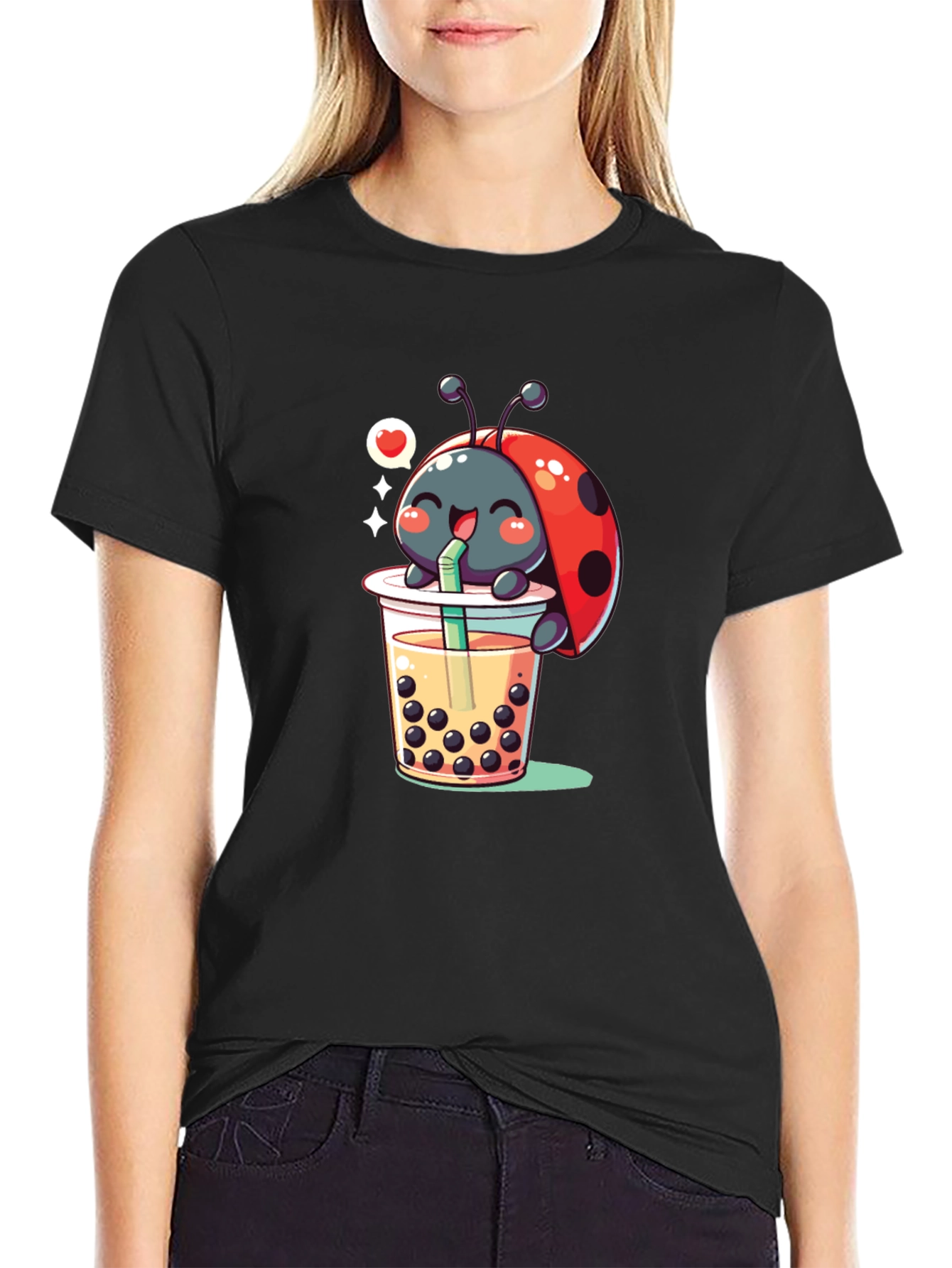 Ladybug Boba Tea Graphic Tee - Black Cotton T-Shirt