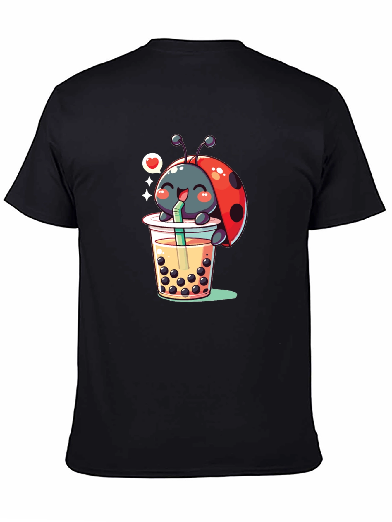 Ladybug Boba Tea Graphic Tee - Black Cotton T-Shirt