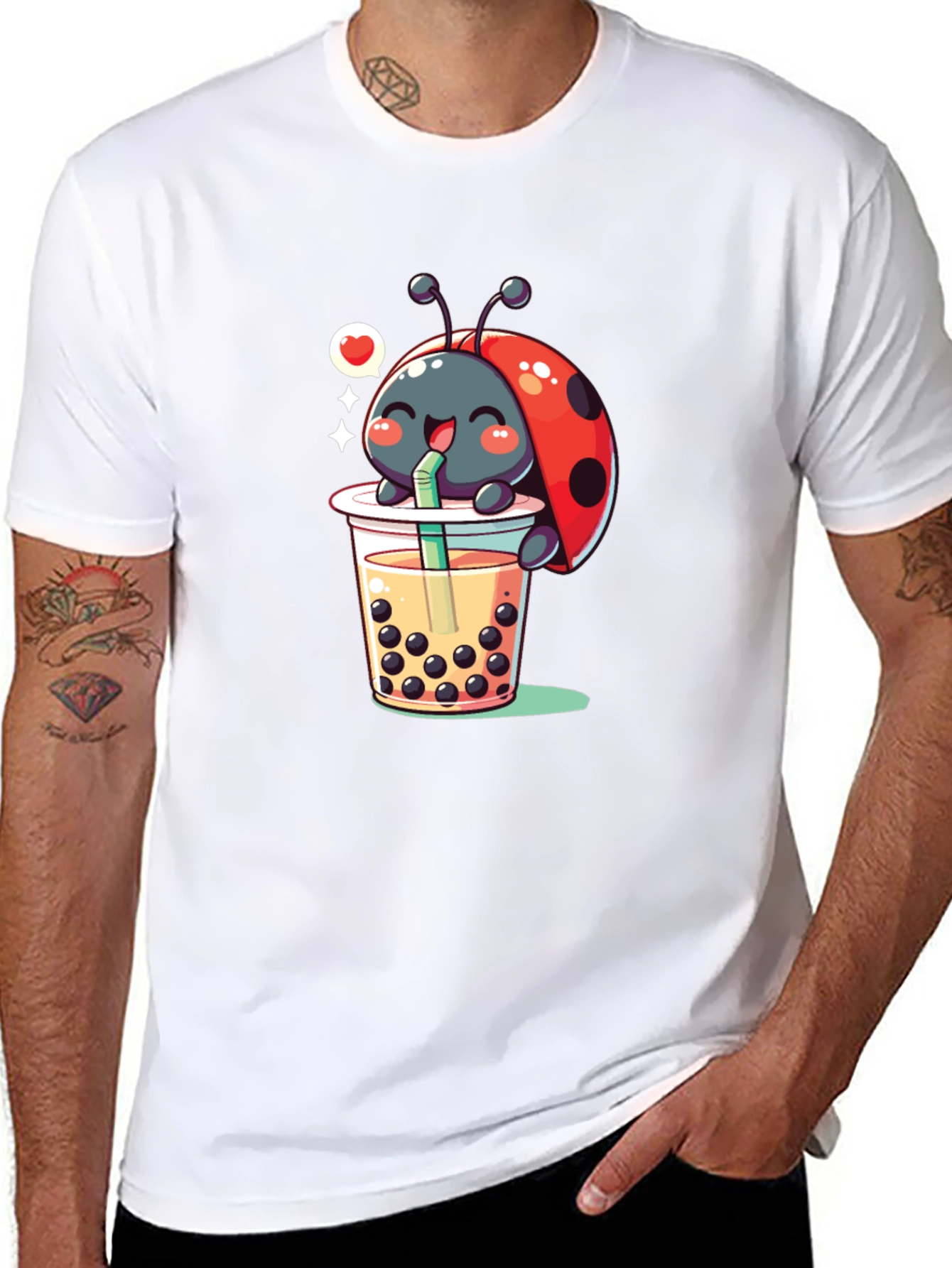 Ladybug Boba Tea Graphic Tee - Black Cotton T-Shirt