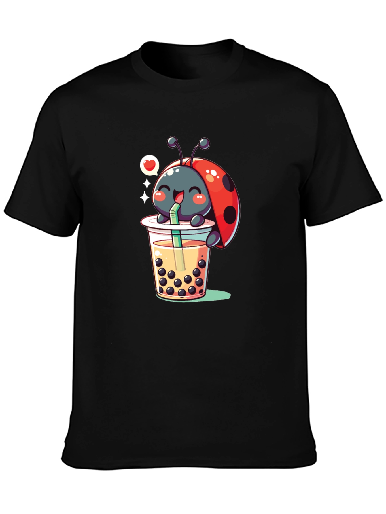 Ladybug Boba Tea Graphic Tee - Black Cotton T-Shirt