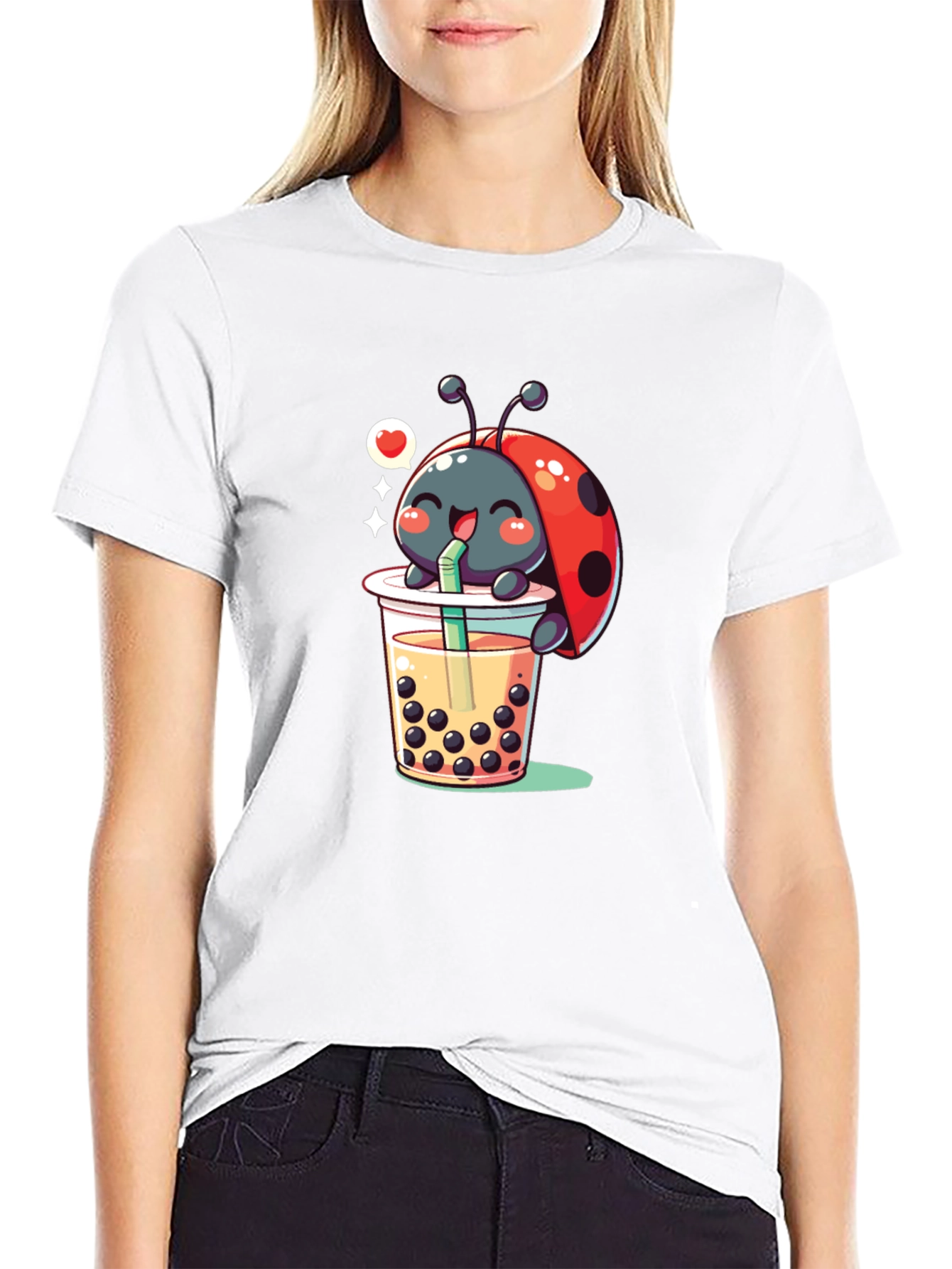 Ladybug Boba Tea Graphic Tee - Black Cotton T-Shirt
