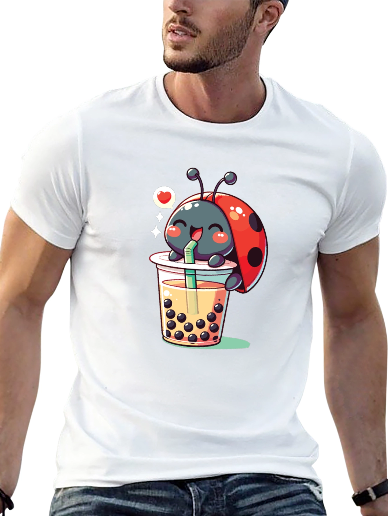 Ladybug Boba Tea Graphic Tee - Black Cotton T-Shirt