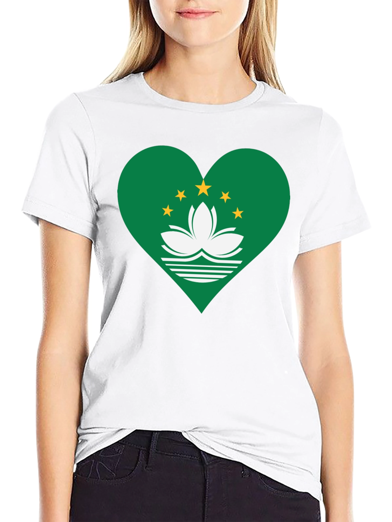 Macau Flag Heart T-Shirt - Black Cotton Blend