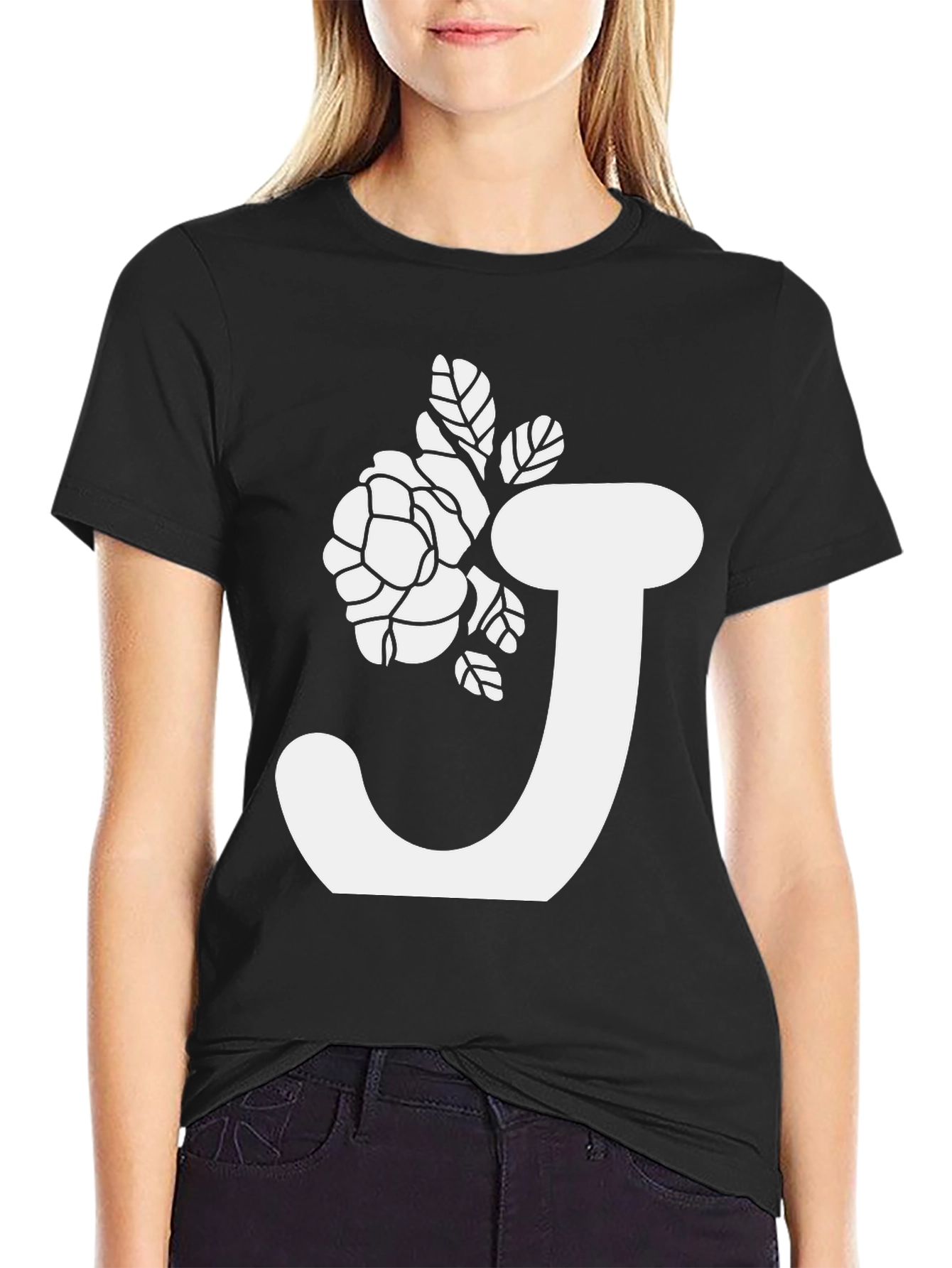 Floral Initial J Black T-Shirt