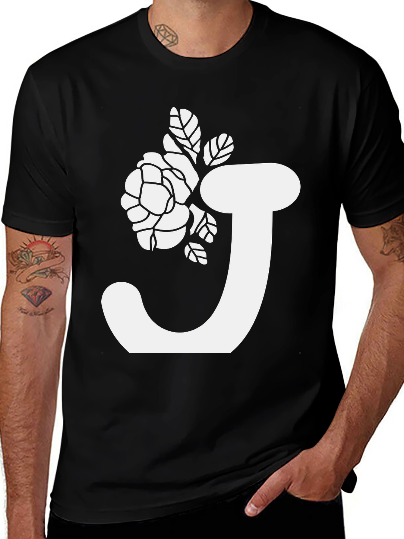 Floral Initial J Black T-Shirt