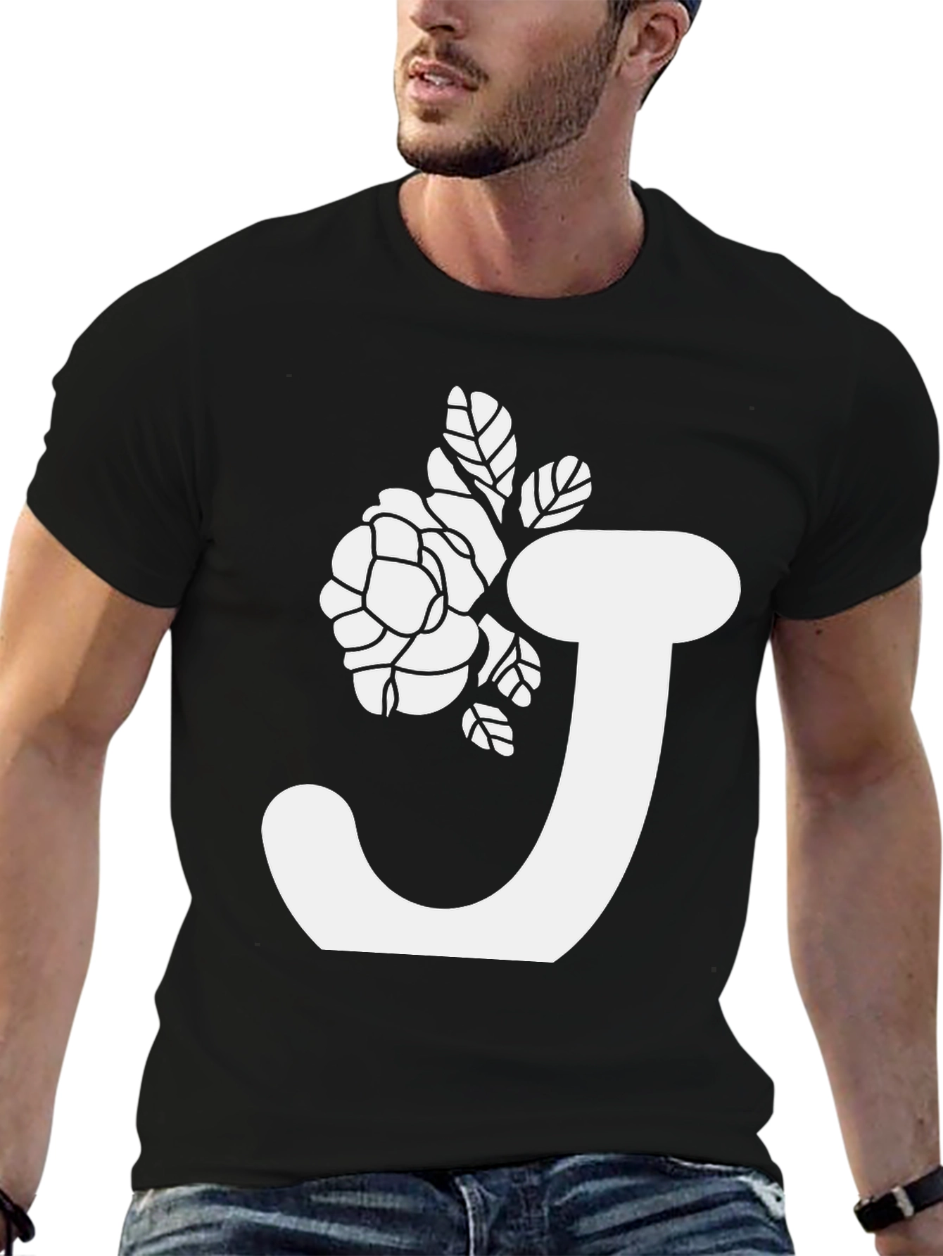 Floral Initial J Black T-Shirt