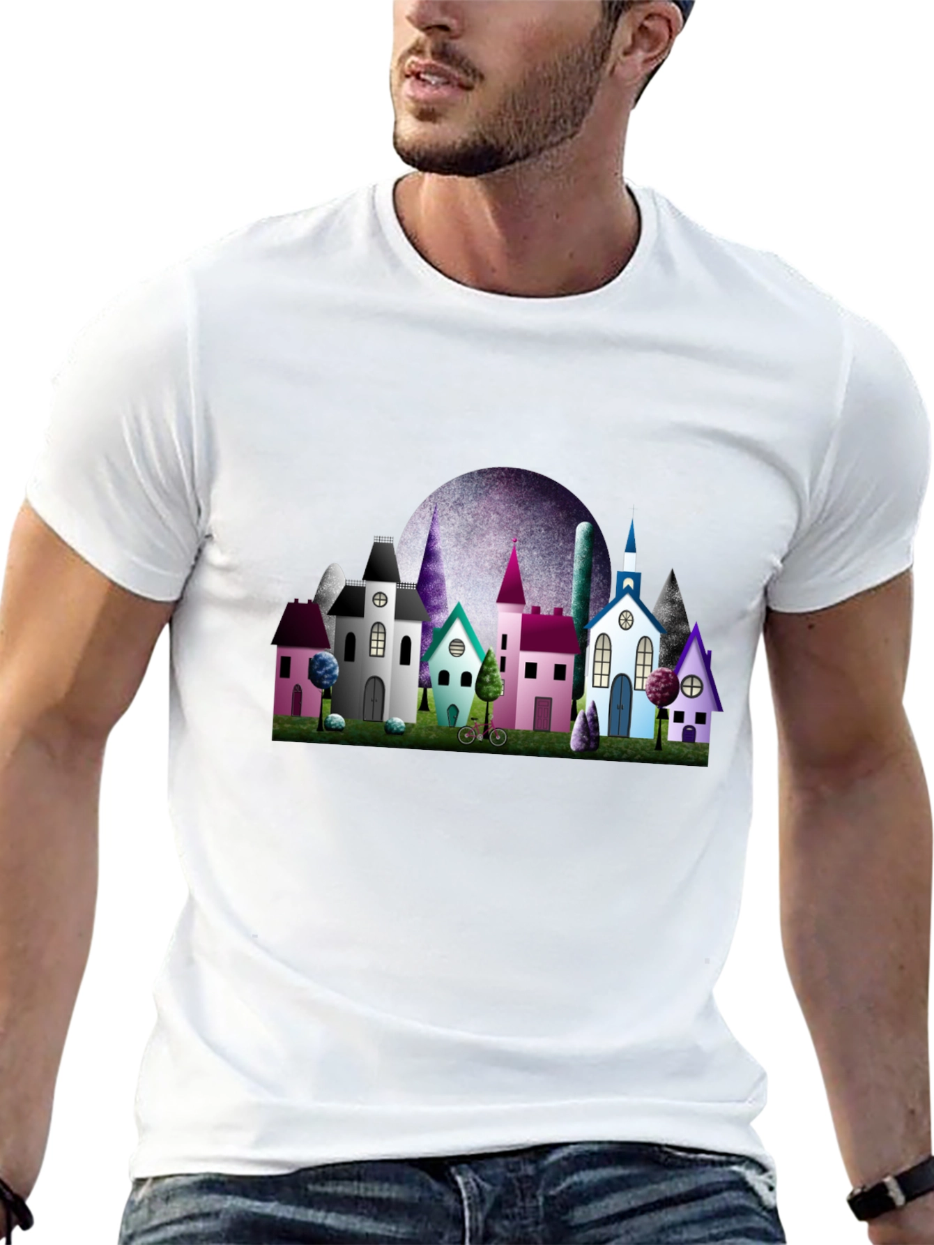 Whimsical Village Graphic Tee - Black