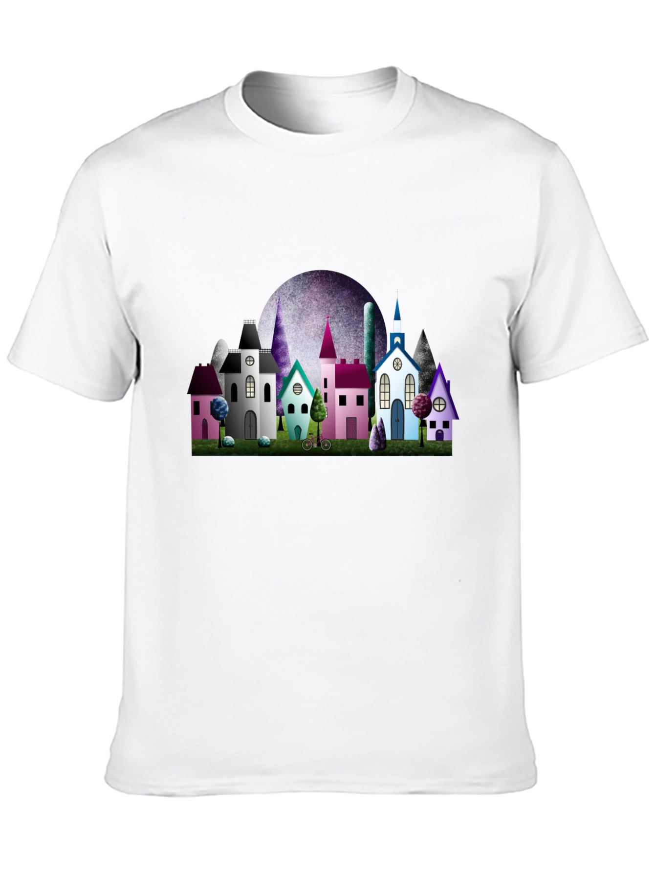Whimsical Village Graphic Tee - Black