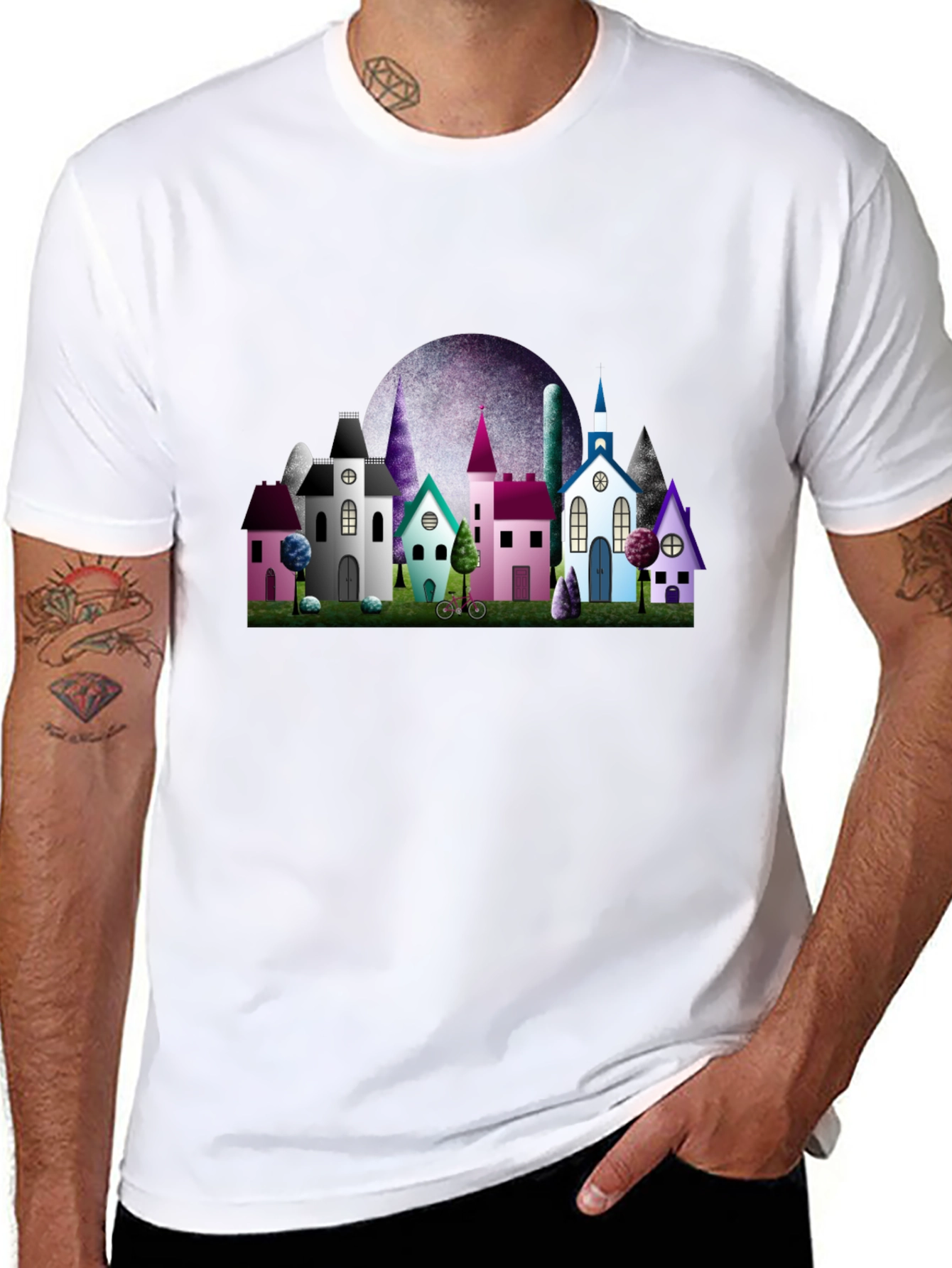 Whimsical Village Graphic Tee - Black