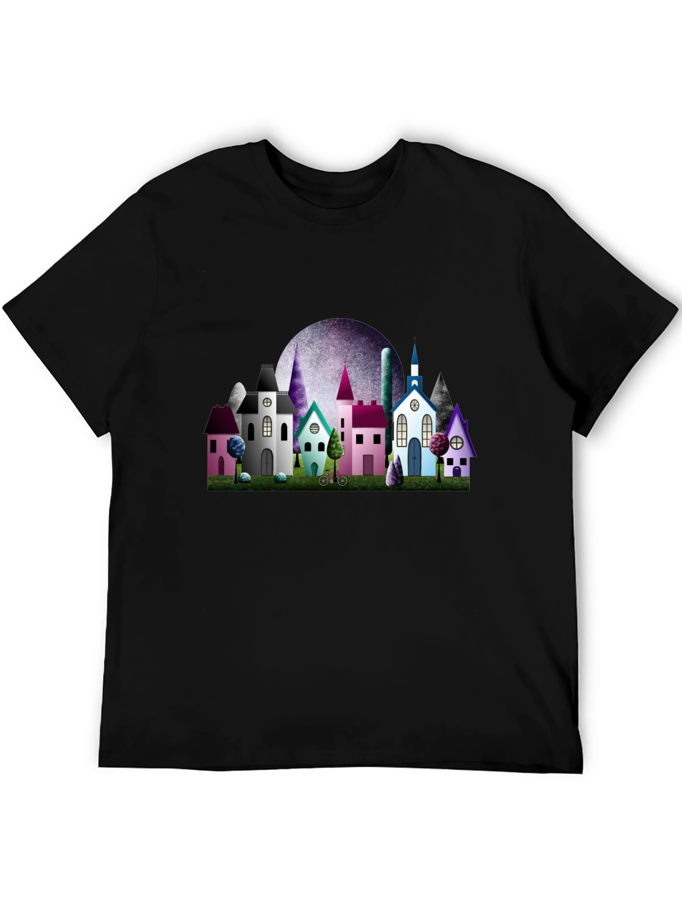 Whimsical Village Graphic Tee - Black