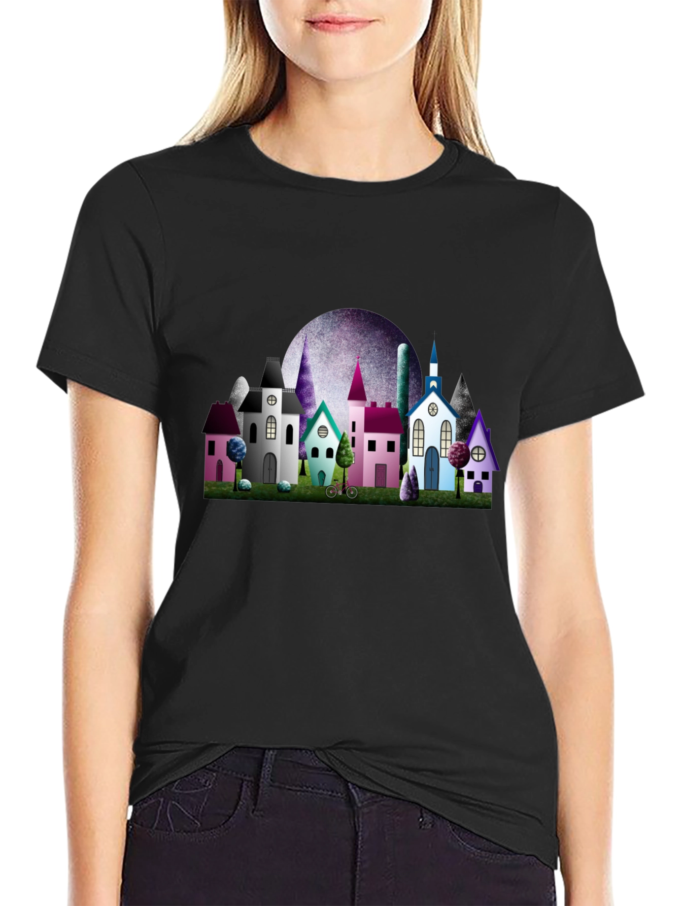 Whimsical Village Graphic Tee - Black