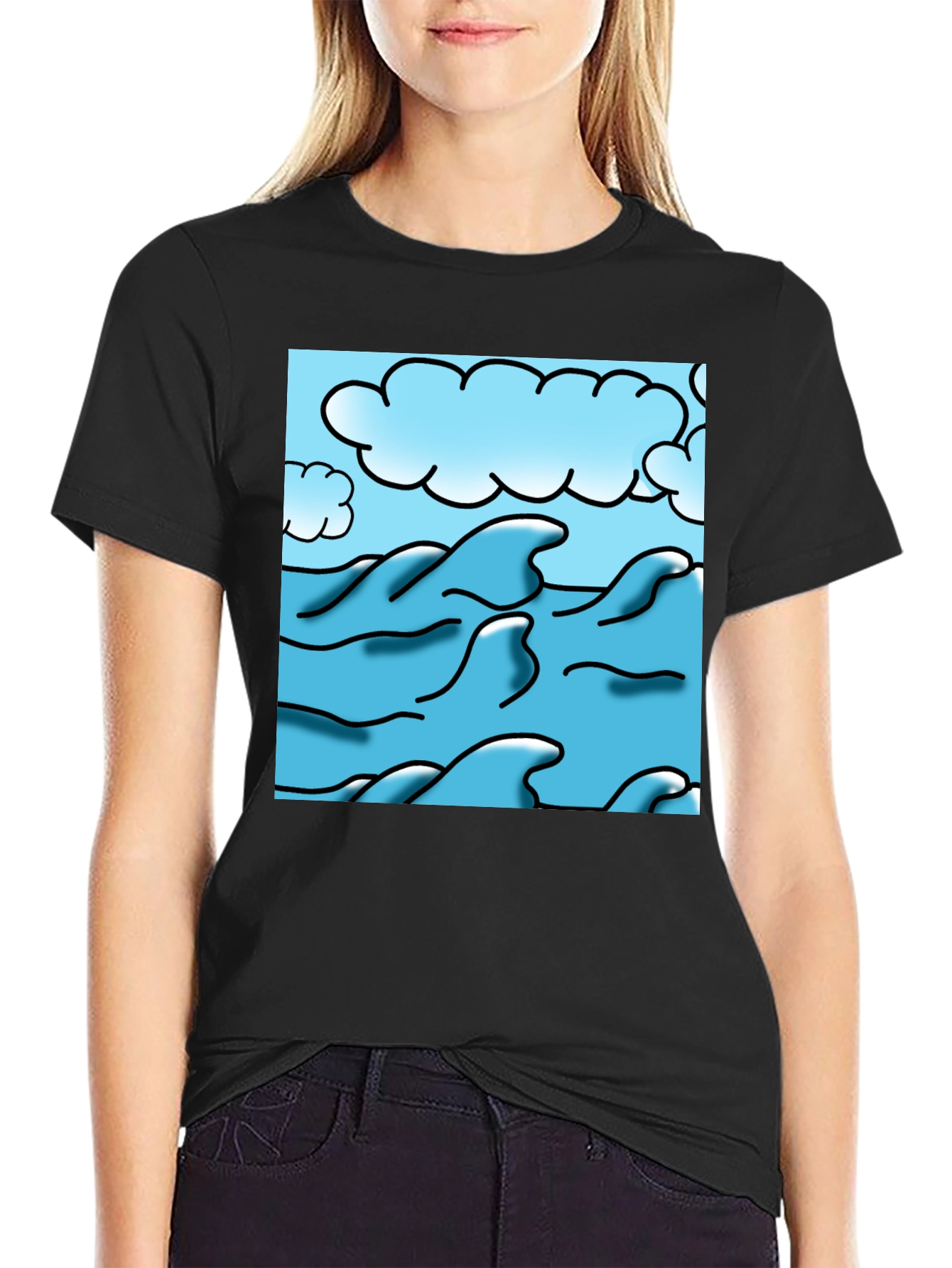Ocean Wave Graphic Tee - Black Cotton Blend