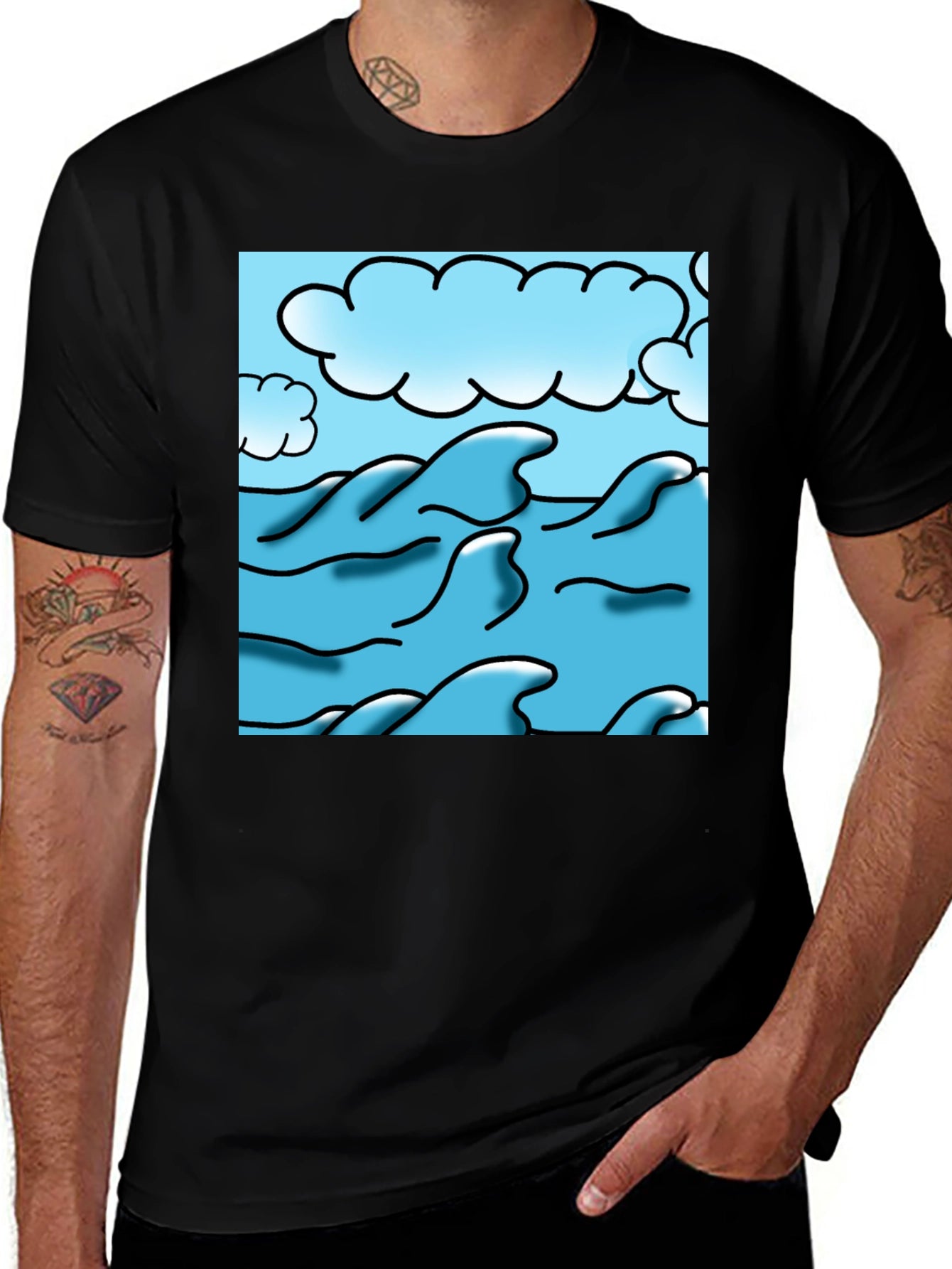 Ocean Wave Graphic Tee - Black Cotton Blend