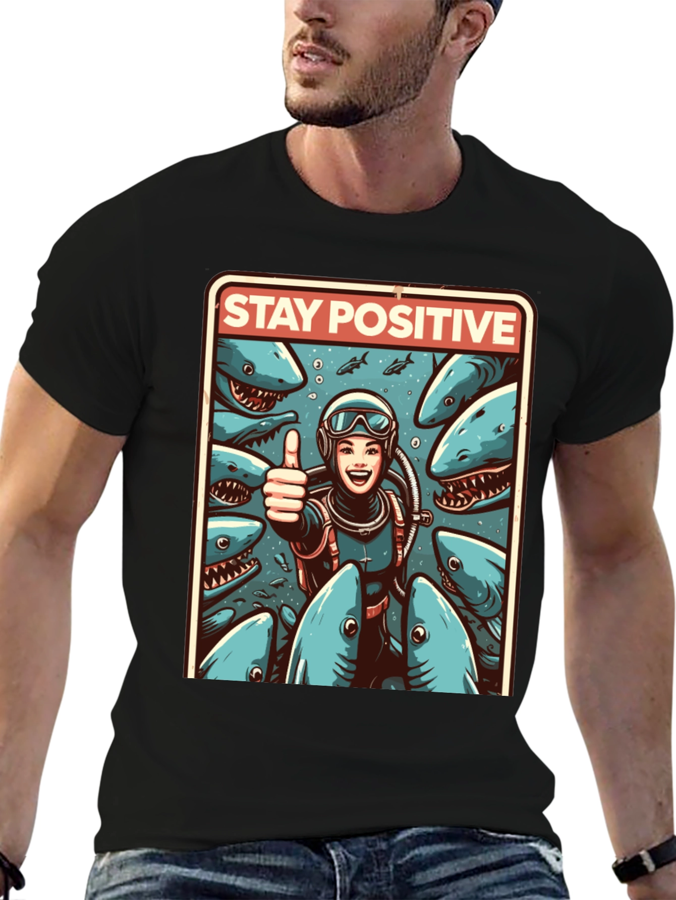 Stay Positive Diver T-Shirt: Shark Edition