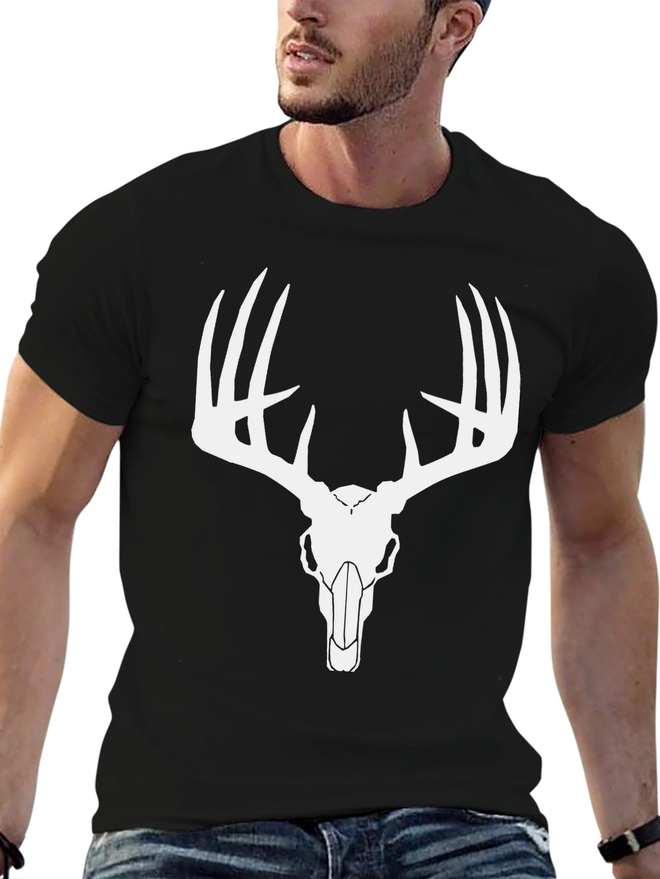 Mens Black Deer Skull Graphic T-Shirt