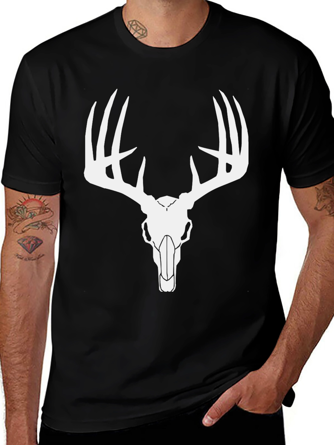 Mens Black Deer Skull Graphic T-Shirt