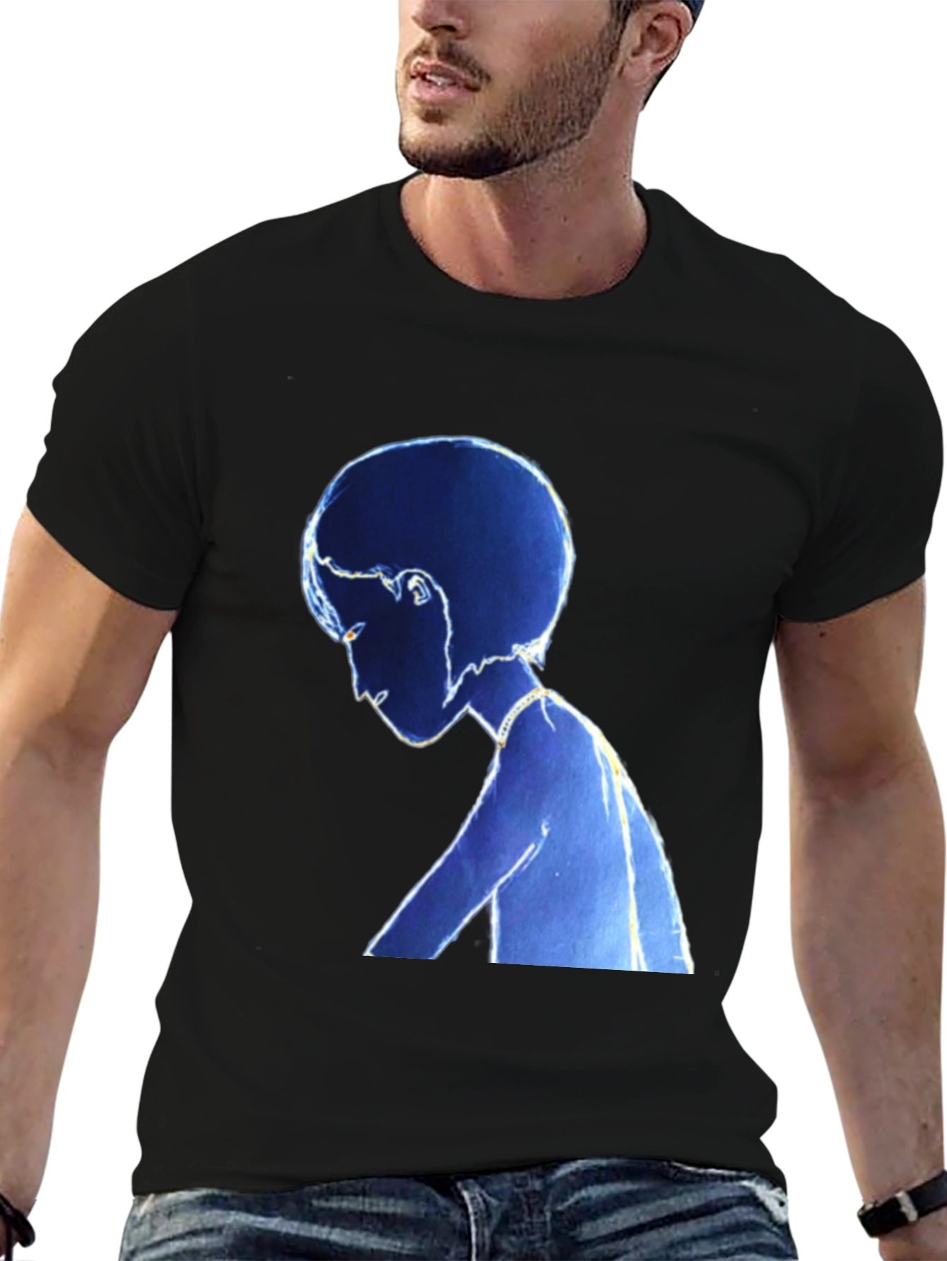 Stylized Blue Figure Black T-Shirt