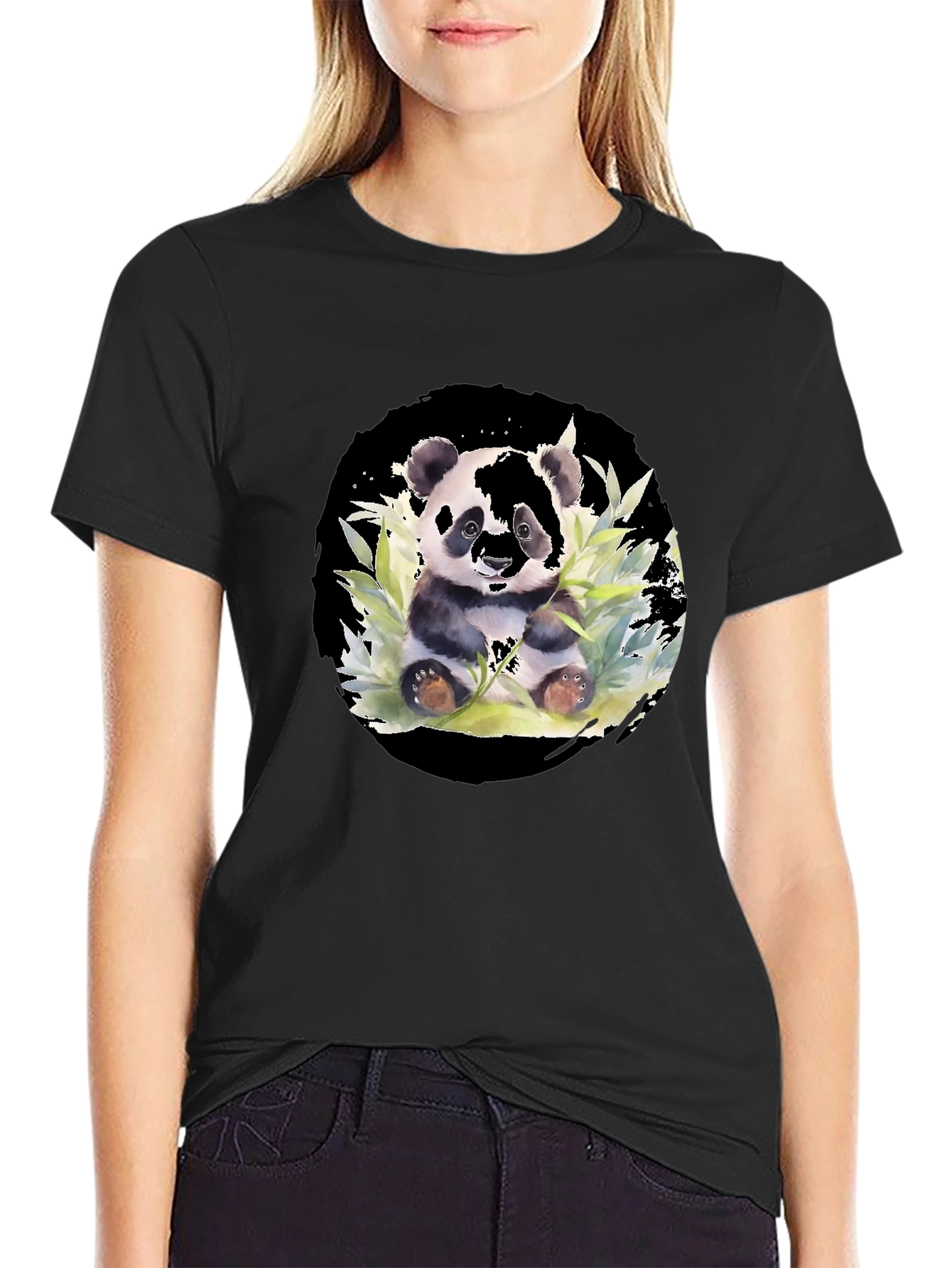 Panda Watercolor Black T-Shirt