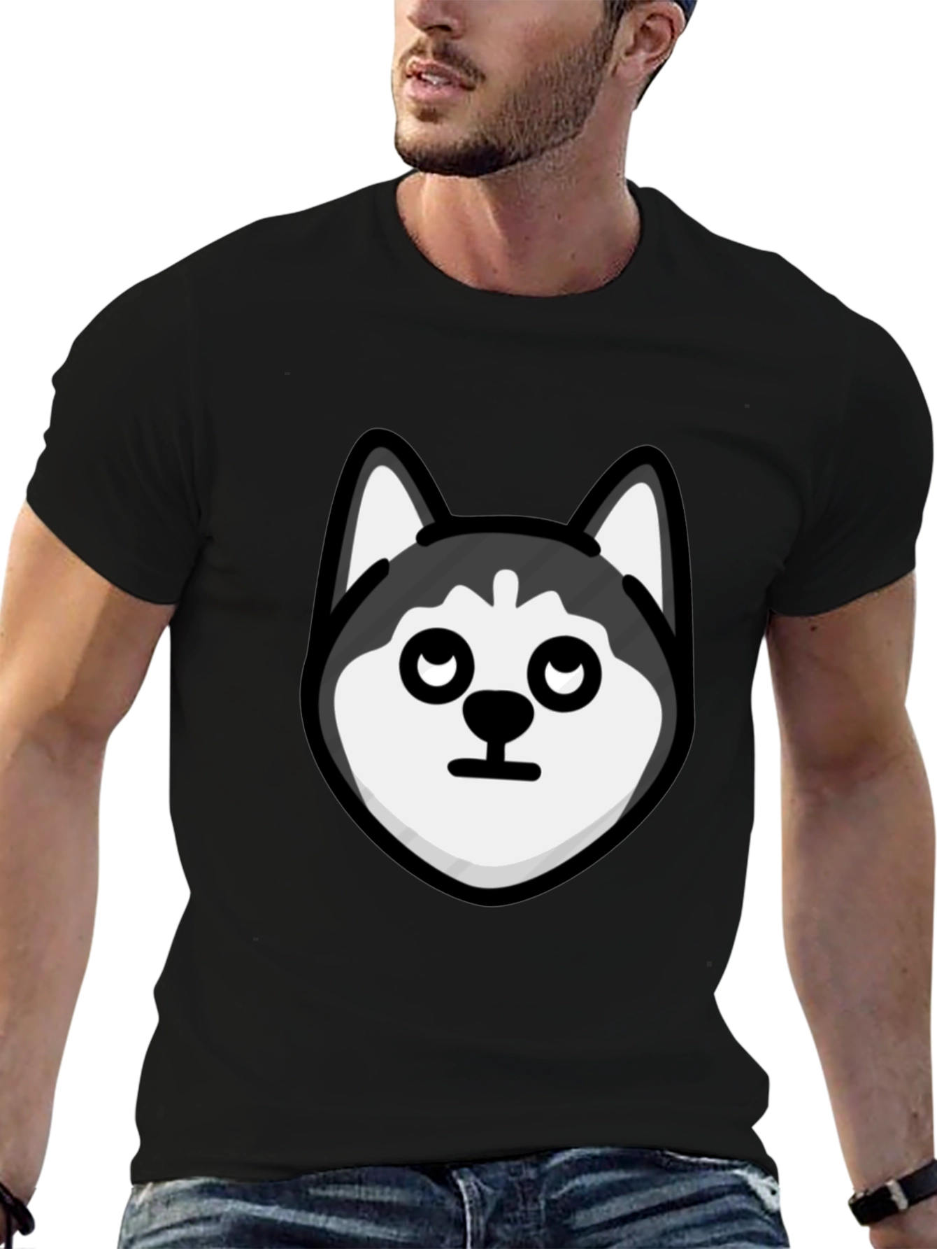 Husky Head Graphic Tee - Black Cotton Casual T-Shirt