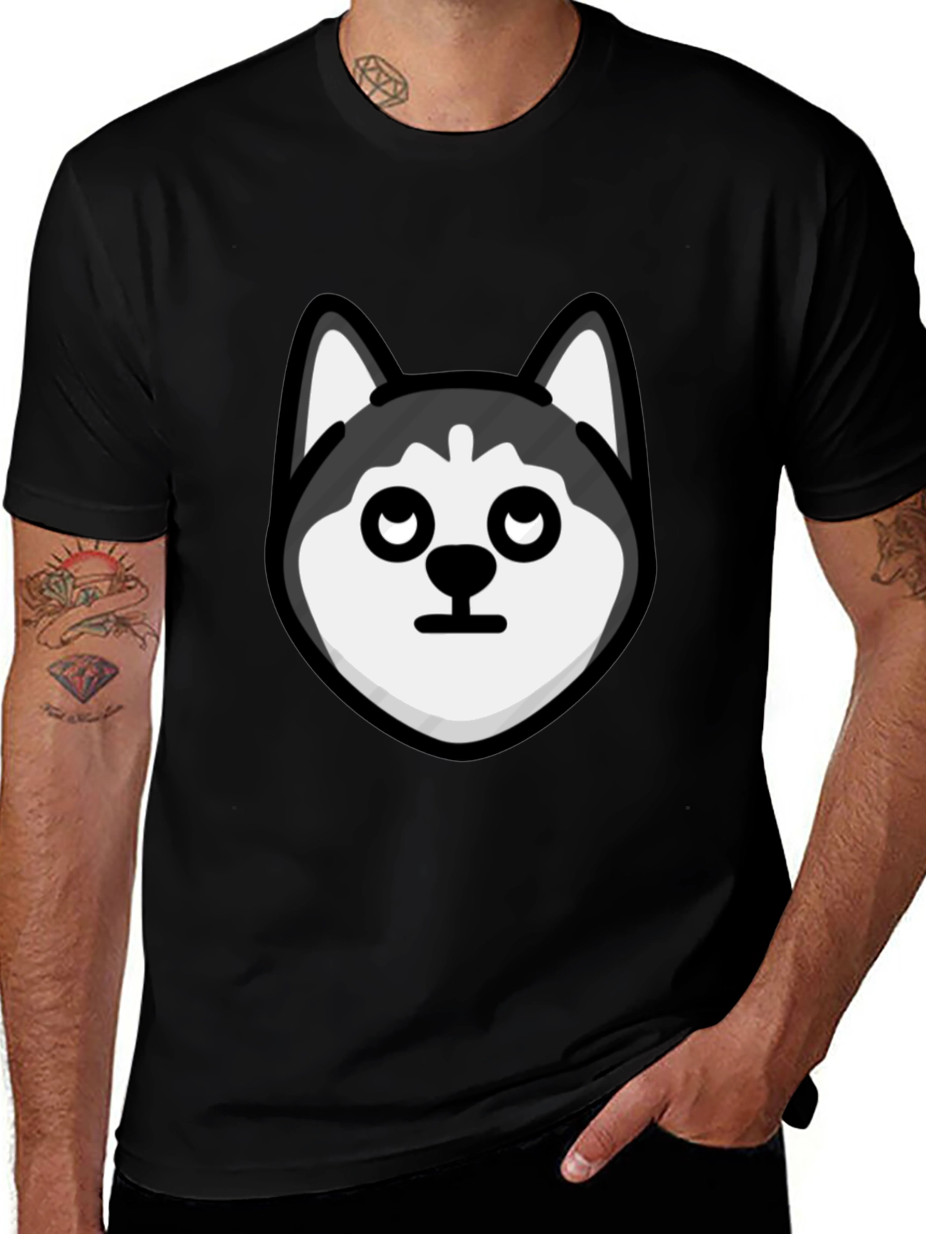 Husky Head Graphic Tee - Black Cotton Casual T-Shirt