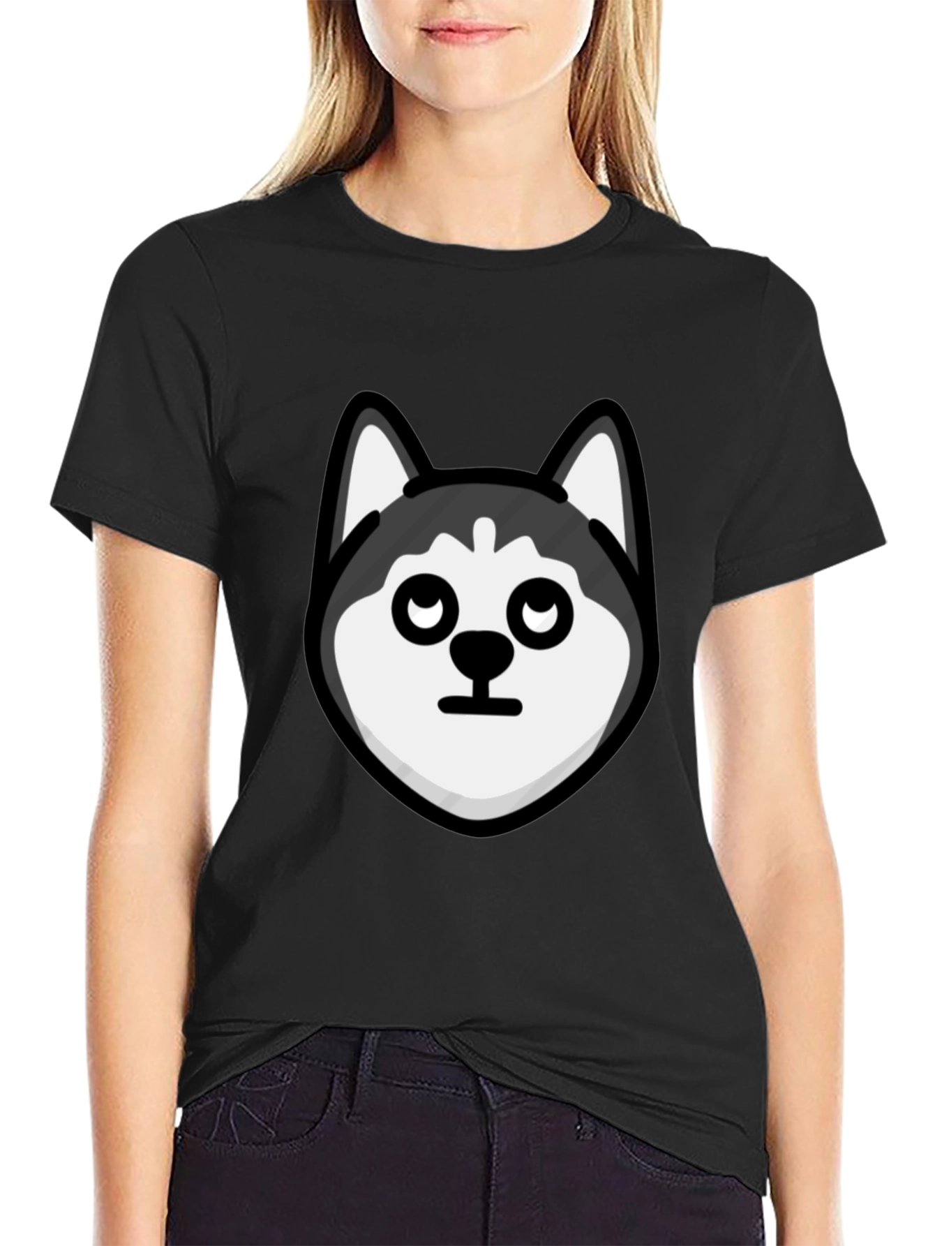 Husky Head Graphic Tee - Black Cotton Casual T-Shirt
