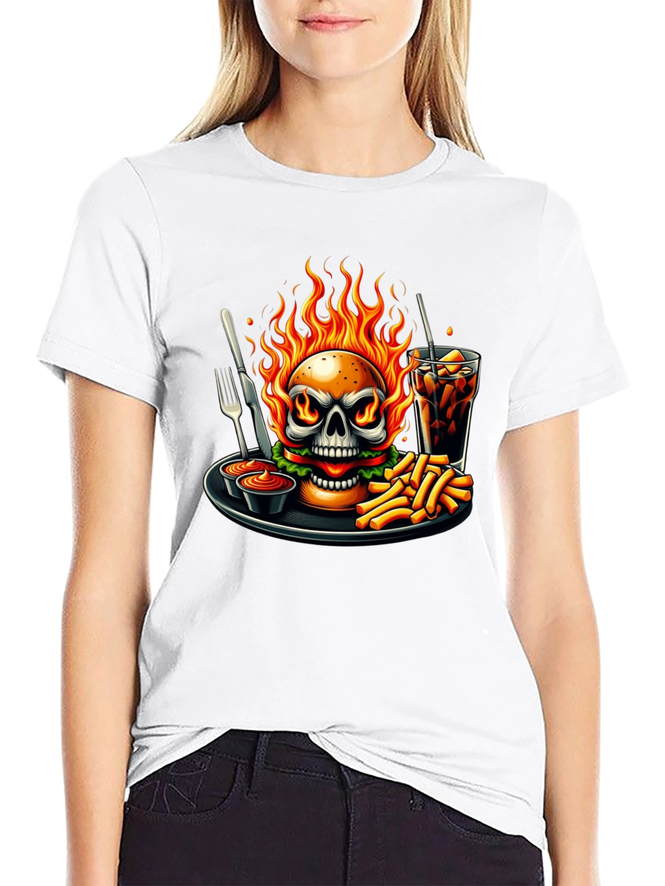 Fiery Skull Burger Graphic Tee